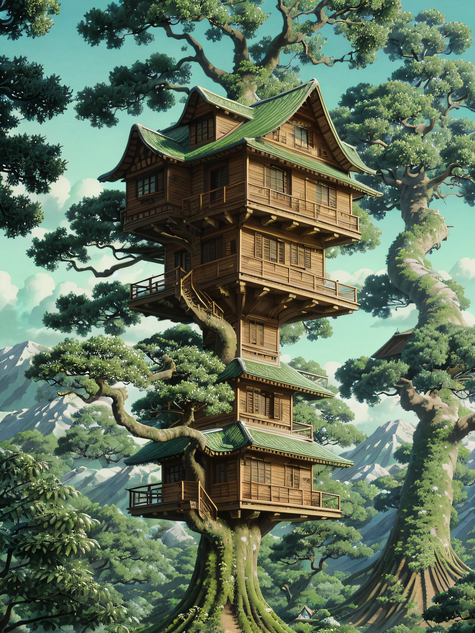 there is a tree house with a staircase and a tree in the middle, bonsai tree house, tree house, highly detailed illustration, tree town, treehouse, intricate detailed illustration, surreal + highly detailed, cyberpunk tree house, highly detailed digital artwork, best of behance, very detailed illustration, high detailed illustration, floral jungle treehouse, detailed intricate illustration, intricate 3 d illustration