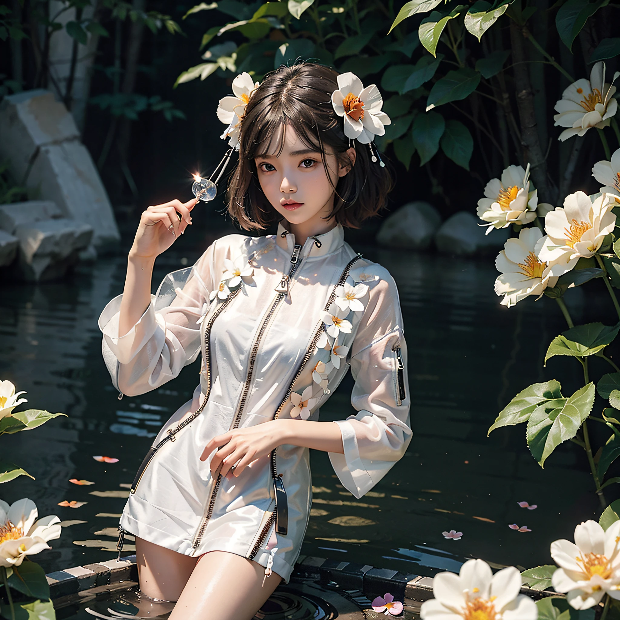 8k, ultra detailed 8k cg, (masterpiece, sidelighting, finely detailed beautiful eyes: 1.2), hdr, 1girl,perfect body,night, mist, looking at viewer , colorful hanfu,tangh style, plastic raincoat:1.3), (zipper:1.5), armband,japanese symbol, Translucent material, gears, tanghulu, bubbles, water balls, water drop, (flower:1.6)