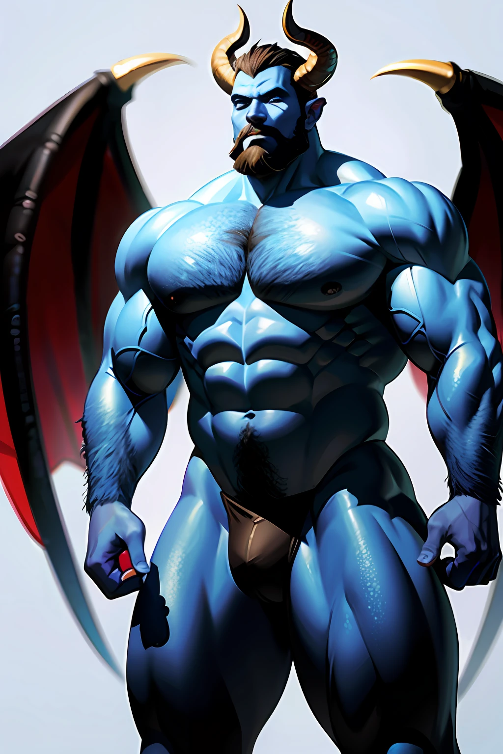 Blue-skinned devil portrait, middle-aged male devil, a pair of black big horns on the head, (bald: 1.2), realistic, (masterpiece), (best quality), (super detail), (white background), (blue skin: 1.3), (black body hair: 1.2), (dense body hair: 1.2), (heavyweight wrestler physique: 1.2), full body photo, standing pose, half-naked, fur pants, beard, fantasy, Fighting game characters