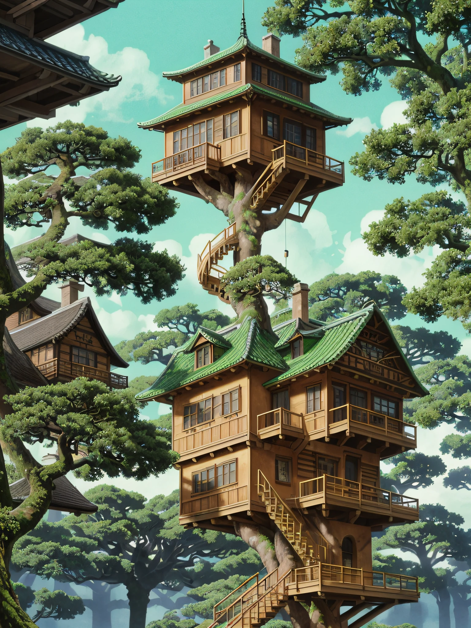 there is a tree house with a staircase and a tree in the middle, bonsai tree house, tree house, highly detailed illustration, tree town, treehouse, intricate detailed illustration, surreal + highly detailed, cyberpunk tree house, highly detailed digital artwork, best of behance, very detailed illustration, high detailed illustration, floral jungle treehouse, detailed intricate illustration, intricate 3 d illustration