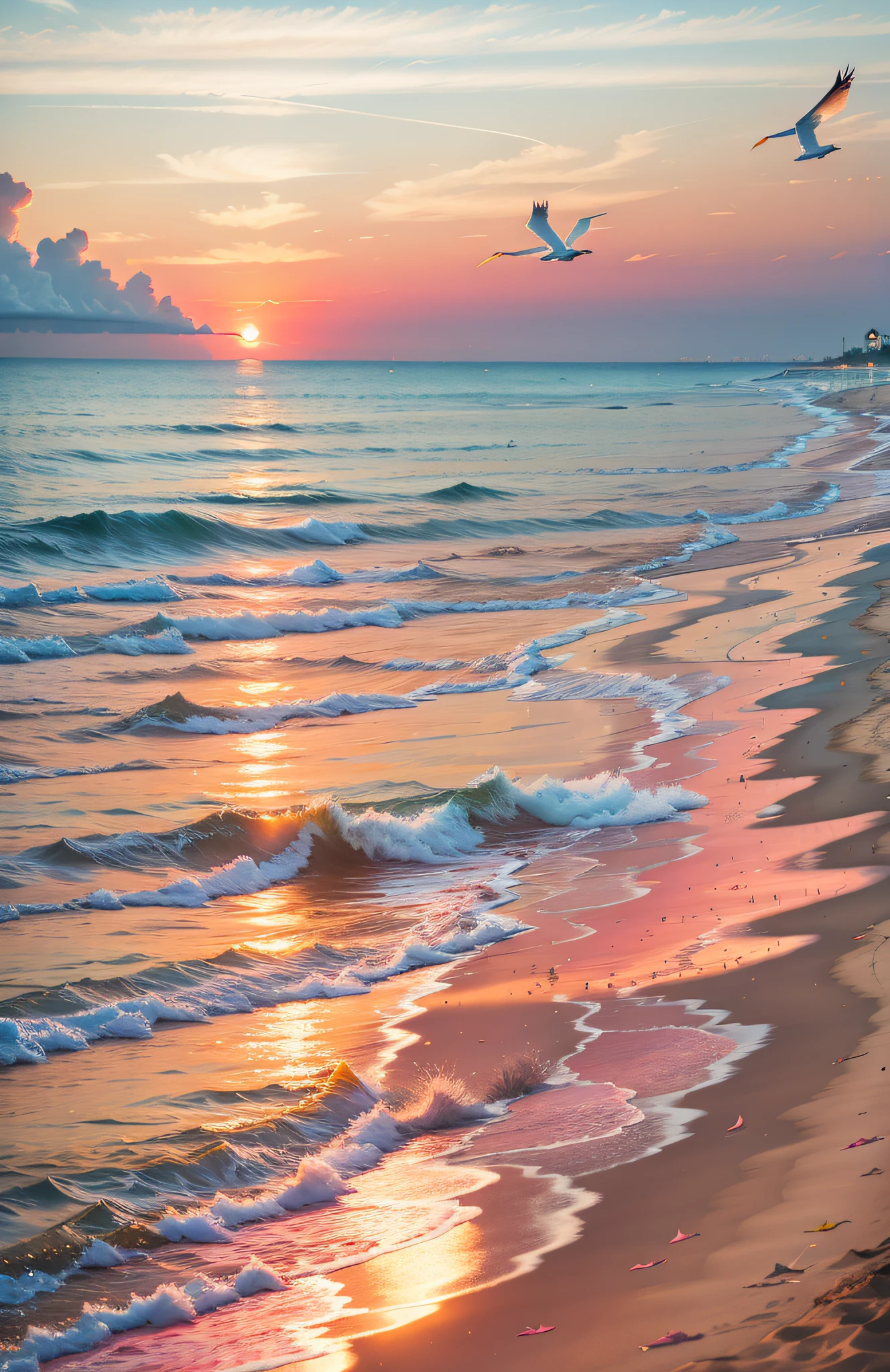 An absolutely mesmerizing sunset on the beach, with a mix of orange, pink, and yellow in the sky. The water is crystal clear, gently kisses the coast, and the white sand is endless. The scene is dynamic and breathtaking, with seagulls soaring high in the sky and palm trees swaying softly. Immerse yourself in the calm atmosphere and let the serenity surround you.