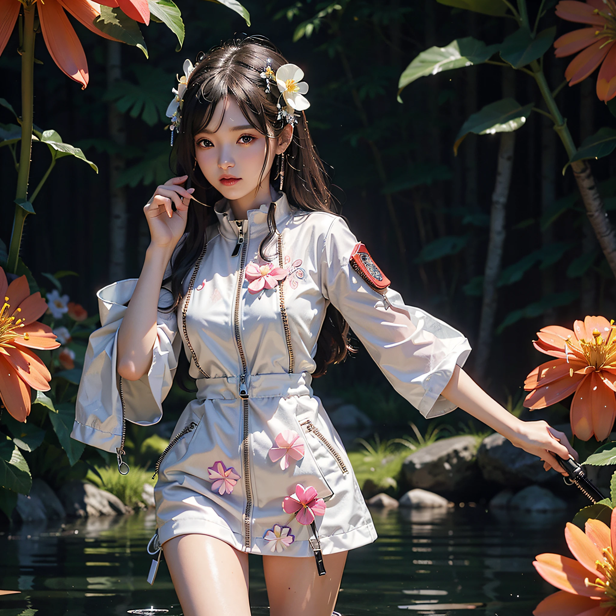 8k, ultra detailed 8k cg, (masterpiece, sidelighting, finely detailed beautiful eyes: 1.2), hdr, 1girl,perfect body,night, mist, looking at viewer , colorful hanfu,tangh style,  plastic raincoat:1.3), (zipper:1.5), armband,japanese symbol, Translucent material, gears, tanghulu, bubbles, water balls, water drop, (flower:1.6)