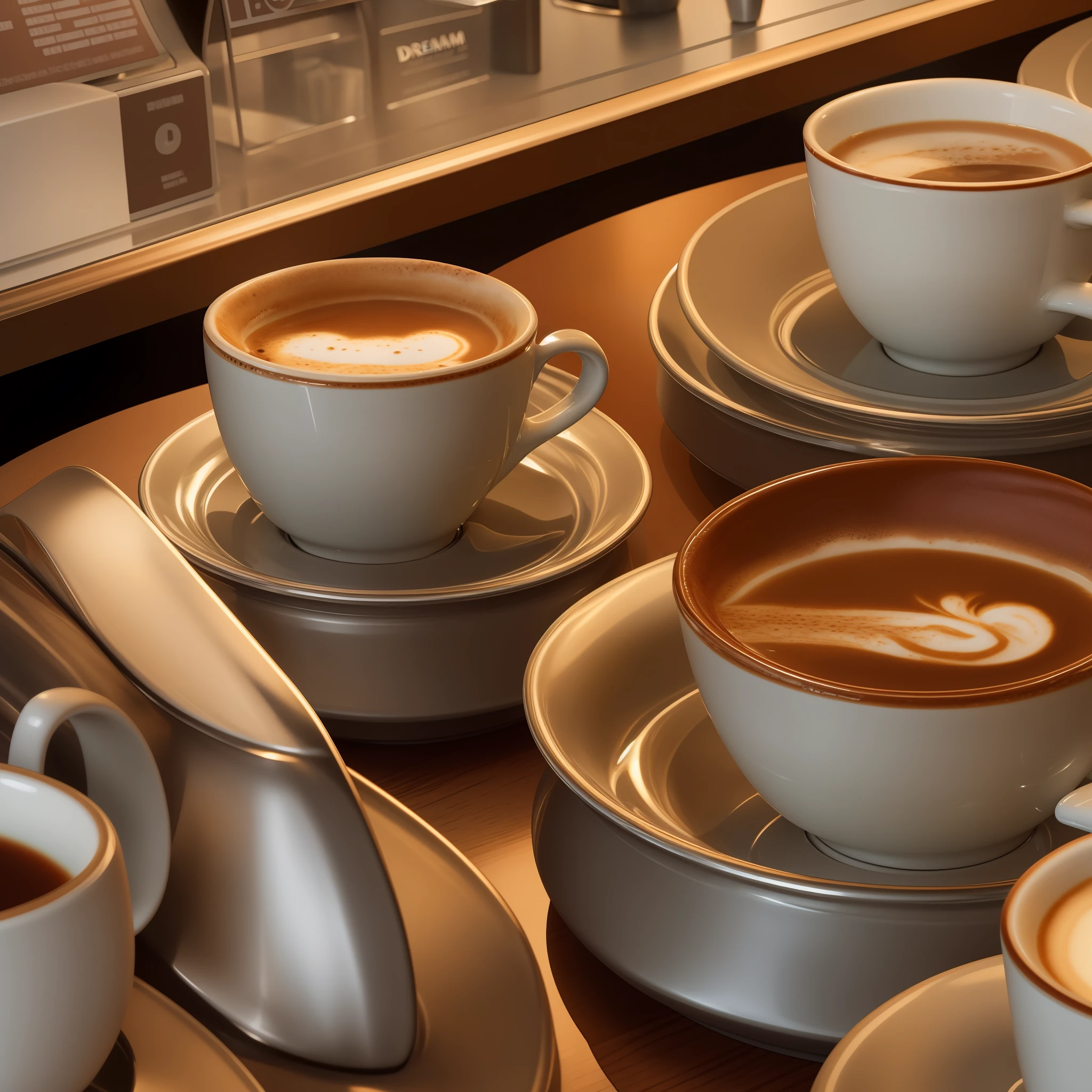 HOT CUPS OF COFFEE AT THE COUNTER AT THE DREAM ROSE CAFETERIA