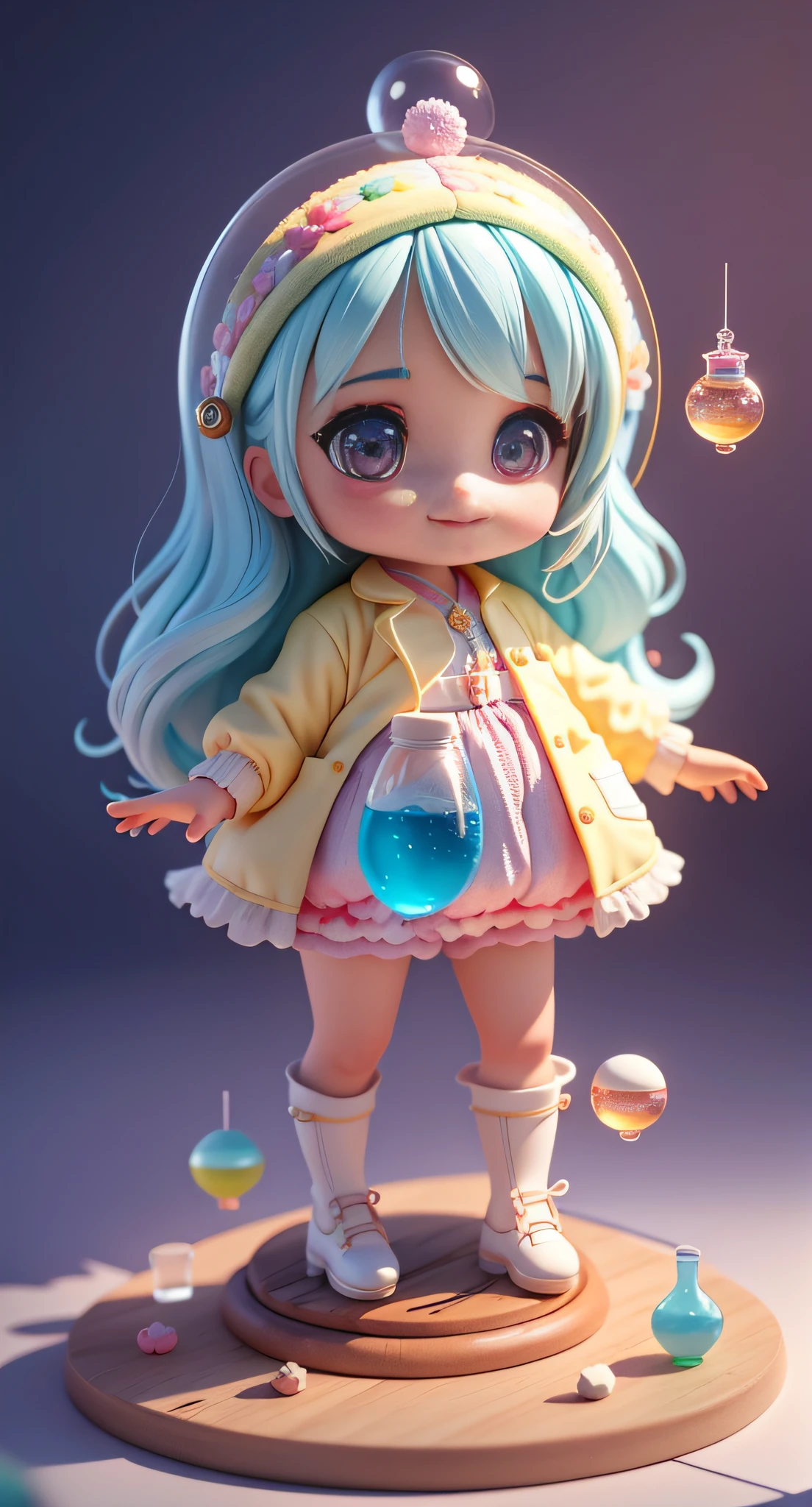 Official Art, Unified 8k Wallpaper, Super Detailed, Beautiful and Aesthetic, Masterpiece, Best Quality, Oversized Wallpaper, Detailed Plastic Material, ((Same Character, Front, Side,)) Best Quality, (Very Detailed Model), (Best Quality), Octane Rendering, Ray Tracing, Very Detailed, 3D Toys, Exaggerated Giant Long Hair, Cute Candy Little Girl, Full Body 3D Drawing, 1 pc, Good Looking, Big Eyes, Cute, Happy, C4D, Pop Matt Blind Box, Macaron Tones, glowing bubbles, toys, solid color background, chibi, fluorescent translucency, luminescence, kawaii, doll, (((scientist, white lab coat))), reference table, pop mart blind box, pixar, intricate details, close-up,. Inspired by Alice in Wonderland, magic, fairy tales. Unreal Engine, octane render, cuteness render, 3d rendering, Adobe Photoshop, awe inspiring, beautiful, cute ,