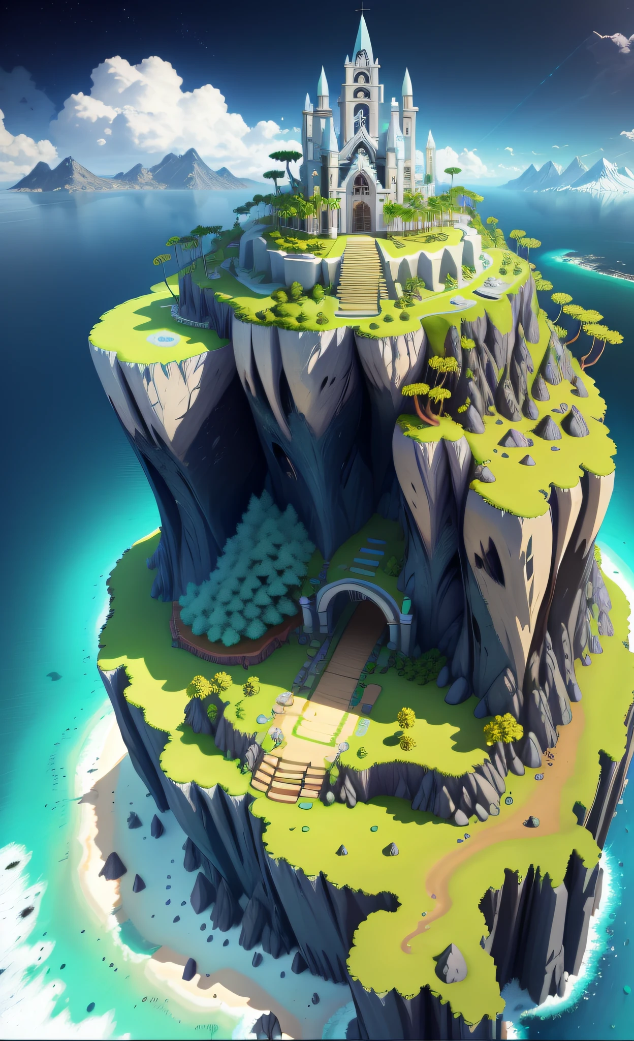 Game Map, (Game Concept Art Design: 1.1), Isometric Art, (Cartoon Hand Drawn Style: 1.2), Simple Geometry, (Color: 0.6), Detail, Flat Game Art, 3D, Low Grid, Overlook, Overlook, Plat, (Bush, :1.2), (Night:1.3), (Interiors: 1.3), Walls, Stone Pillars, Middle Flats, Icebergs, Snowy Mountains, Ocean, Rainforest, Coconut Palms, Shrubs, Meadows, Churches, Ruins, Game engine rendering, ultra-high quality rendering, clear lines, geometry, masterpiece, best quality, official art, C4D, extremely detailed CGunity 8K wallpaper, very detailed, illustration, Unreal Engine, artstation, Unreal 5, daz, surrealism, octane rendering, high quality shadows,