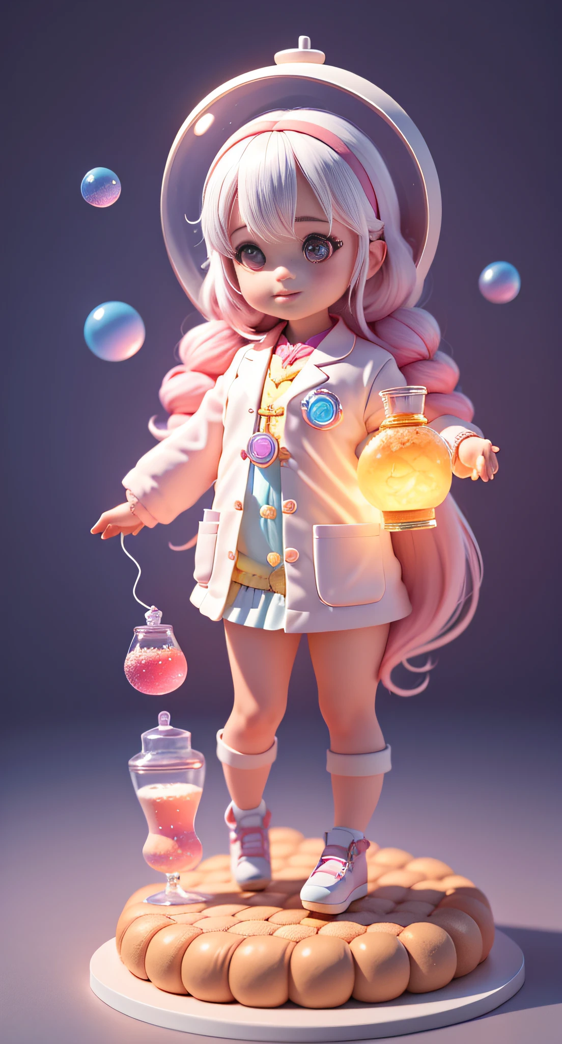 Official Art, Unified 8k Wallpaper, Super Detailed, Beautiful and Aesthetic, Masterpiece, Best Quality, Oversized Wallpaper, Detailed Plastic Material, ((Same Character, Front, Side,)) Best Quality, (Very Detailed Model), (Best Quality), Octane Rendering, Ray Tracing, Very Detailed, 3D Toys, Exaggerated Giant Long Hair, Cute Candy Little Girl, Full Body 3D Drawing, 1 pc, Good Looking, Big Eyes, Cute, Happy, C4D, Pop Matt Blind Box, Macaron Tones, glowing bubbles, toys, solid color background, chibi, fluorescent translucency, luminescence, kawaii, doll, (((scientist, white lab coat))), reference table, pop mart blind box, pixar, intricate details, close-up,. Inspired by Alice in Wonderland, magic, fairy tales. Unreal Engine, octane render, cuteness render, 3d rendering, Adobe Photoshop, awe inspiring, beautiful, cute ,