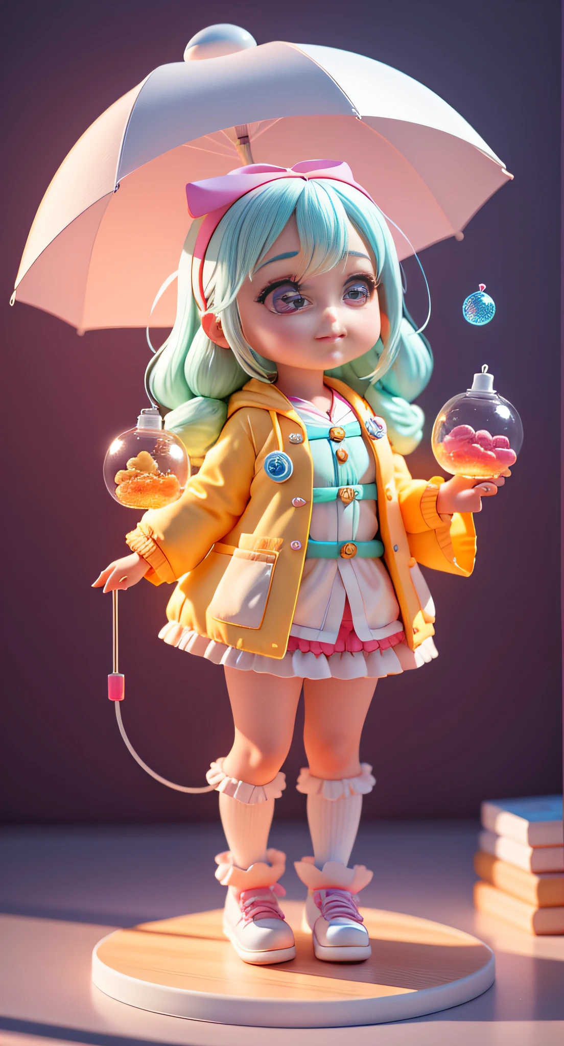 Official Art, Unified 8k Wallpaper, Super Detailed, Beautiful and Aesthetic, Masterpiece, Best Quality, Oversized Wallpaper, Detailed Plastic Material, ((Same Character, Front, Side,)) Best Quality, (Very Detailed Model), (Best Quality), Octane Rendering, Ray Tracing, Very Detailed, 3D Toys, Exaggerated Giant Long Hair, Cute Candy , Full Body 3D Drawing, 1 pc, Good Looking, Big Eyes, Cute, Happy, C4D, Pop Matt Blind Box, Macaron Tones, glowing bubbles, toys, solid color background, chibi, fluorescent translucency, luminescence, kawaii, doll, (((scientist, white lab coat))), reference table, pop mart blind box, pixar, intricate details, close-up,. Inspired by Alice in Wonderland, magic, fairy tales. Unreal Engine, octane render, cuteness render, 3d rendering, Adobe Photoshop, awe inspiring, beautiful, cute ,