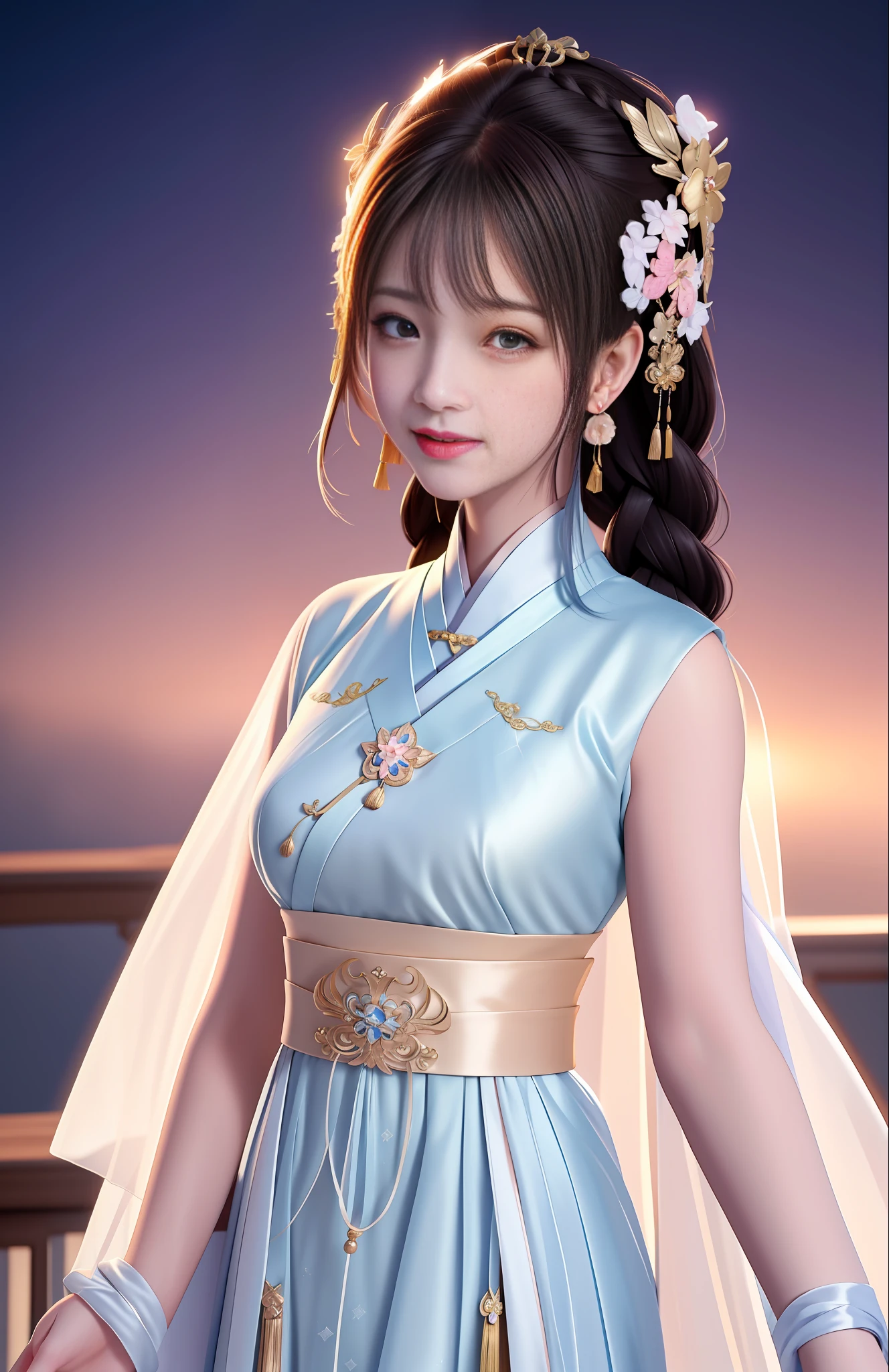 Best Quality, Masterpiece, High Resolution, 1girl, Blush, (Glamorous Smile: 0.8), Star Pupil, Chinese Hanfu, Simple Hair Accessory, Beauty, Human Body, Tyndall Effect, Realism, Edge Light, Bi-color Light, (High Detail Skin: 1.2), 8K UHD, DSLR, Soft Light, High Quality, Volumetric Light, Ultra High Resolution, 4K, 8K, Background Blur, White Dress, Braided Princess Cut