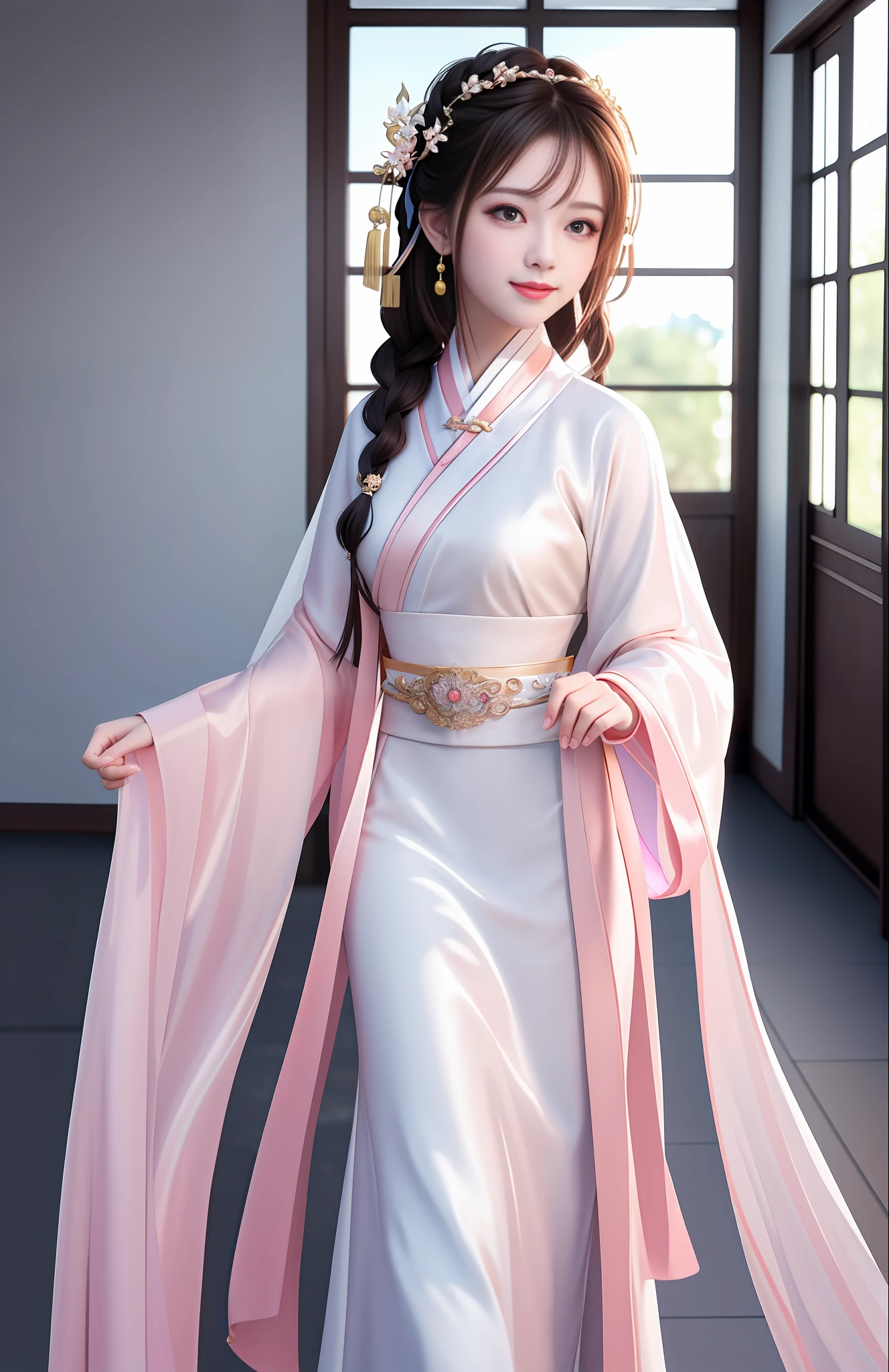 Best Quality, Masterpiece, High Resolution, 1girl, Blush, (Glamorous Smile: 0.8), Star Pupil, Chinese Hanfu, Simple Hair Accessory, Beauty, Human Body, Tyndall Effect, Realism, Edge Light, Bi-color Light, (High Detail Skin: 1.2), 8K UHD, DSLR, Soft Light, High Quality, Volumetric Light, Ultra High Resolution, 4K, 8K, Background Blur, White Dress, Braided Princess Cut