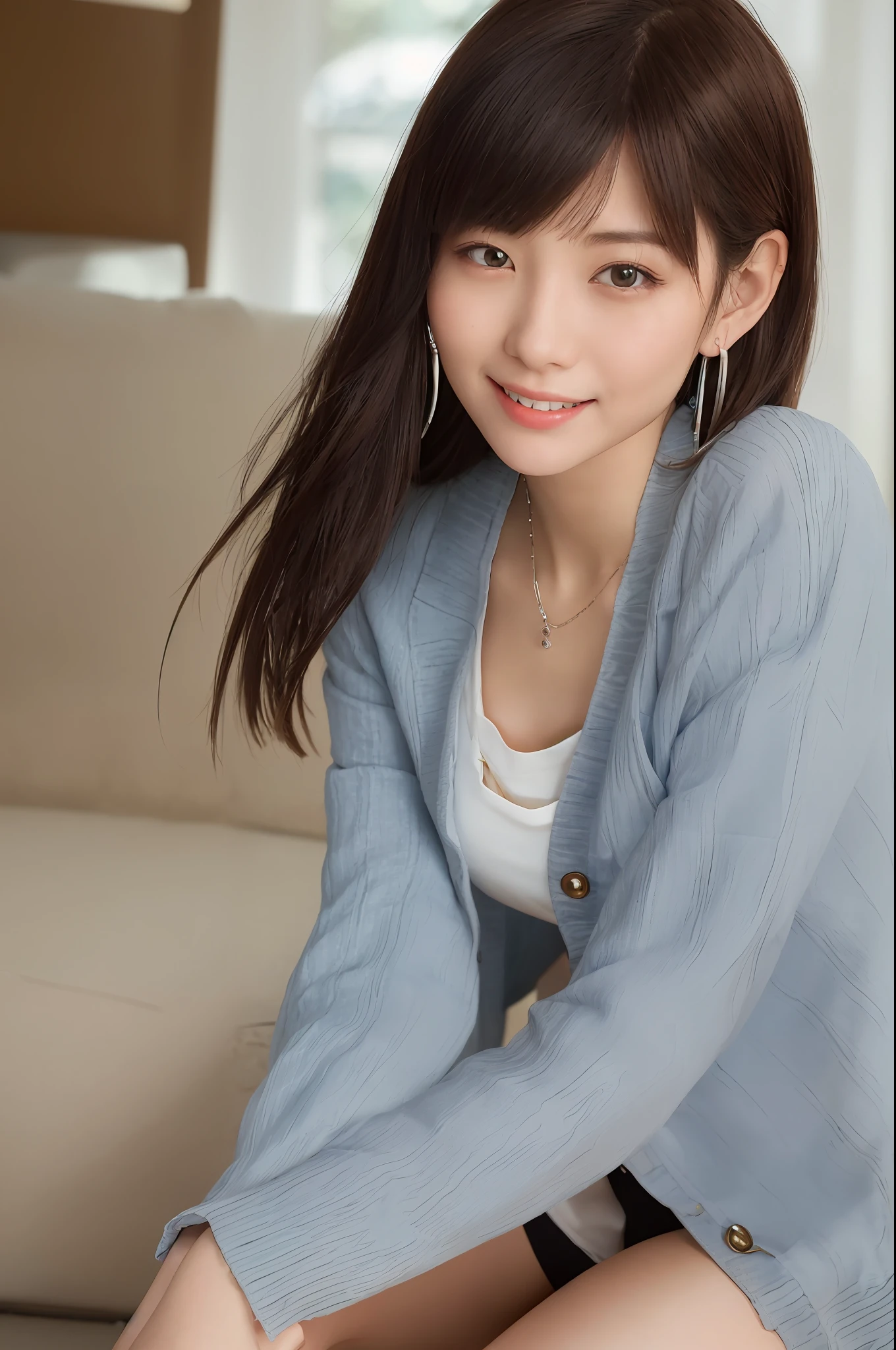 Smiling minchen, ridiculous, closed mouth, balanced eyes, (Best Quality Detail: 1.2), Realistic, 8K HD, Ultra Detailed, High Quality Texture, Complex Detail, Detailed Texture, Fine Detail, High Detail, Very Detailed CG, High Quality Shadows, Delicate Beautiful Delicate Face, (Delicate Beautiful Delicate Eyes: 1.32), Depth of Field, Ray Tracing, (A Beautiful 25-Year-Old Cute Japanese Lady: 1), Small Breasts, Tall Feminine, Beautiful Legs, Glowing Eyes, Blush, Perfect Petite, Scrawny, Blurred Outdoor Background, Silver Tight Bra, Blue Taste Denim Jacket, Cardigan Coat: 1.1, [Brown skirt]: 1, stockings and suspenders: 1.2, short hair, comfortable living room, sunshine, kneeling on sofa, earrings, necklace, model, looking at the audience, dynamic pose, earrings, necklace, model, looking at the audience, from the side, dynamic pose, front