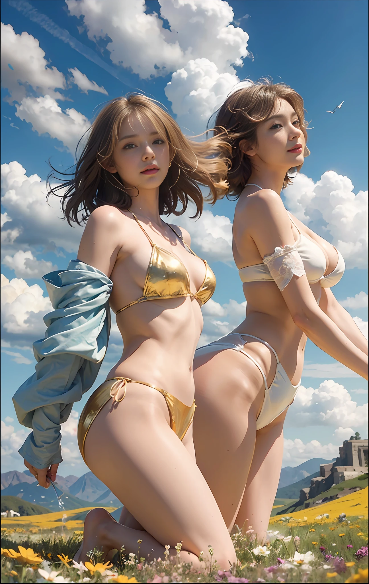 1girls, dynamic angle, Clouds and mountains, (Flower field: 1.4) in the foreground, Clear gold less cloth suspender bikini, gigantic breasts, Buttock augmentation, Light tracing, (Floating Colorful Wind: 1), (Realistic: 1.4), officialart, Unity 8k壁纸, Ultra Detailed, Beautiful and beautiful, Masterpieces, best quality, Glowing skin, movie lighting, Light smile, Eye-Level Shot, Wide-Angle, panorama, first-person view, bust chart, Verism, En plein air, Surrealism