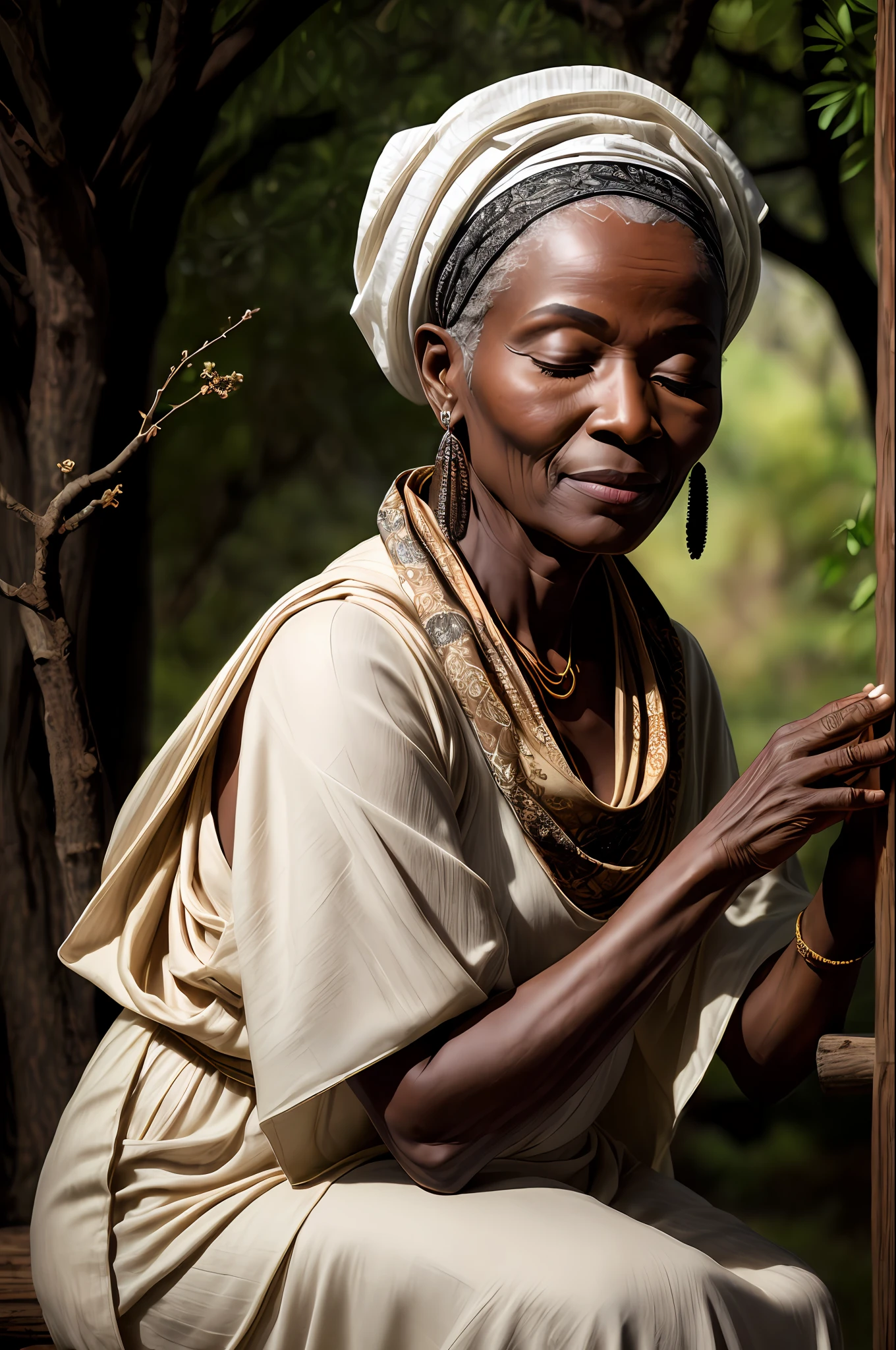 (masterpiece, photorealistic, raw,:1.4), (extremely complex:1.2), close-up, cinematic light, side lighting, ultra high resolution, best shadow, RAW, 67-year-old African lady, mystic, head tilted up, (eyes closed, serene expression), calm, meditating, sitting on a wooden stool, holding u. pipe and a rue branch, old-black archetype (umbanda), wearing white long dress with beige shawl and floral scarf on head,  Forest background in moonlight