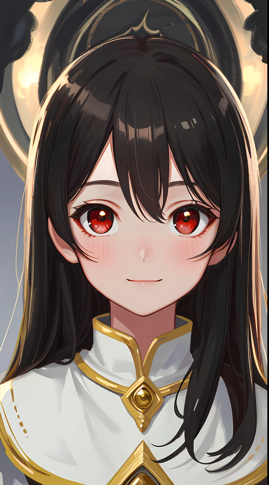 Best image quality, 4k, masterpiece, little boy, young age, black hair, dark red eyes, cute, young, godly eyes, exquisite hair, look at the lens, face focus, smile, delicate facial features, front lighting, front light source, portraiture, face magnification, face close-up, above the shoulder, cute feeling, excellent posture to capture the sight, portrait painting effect