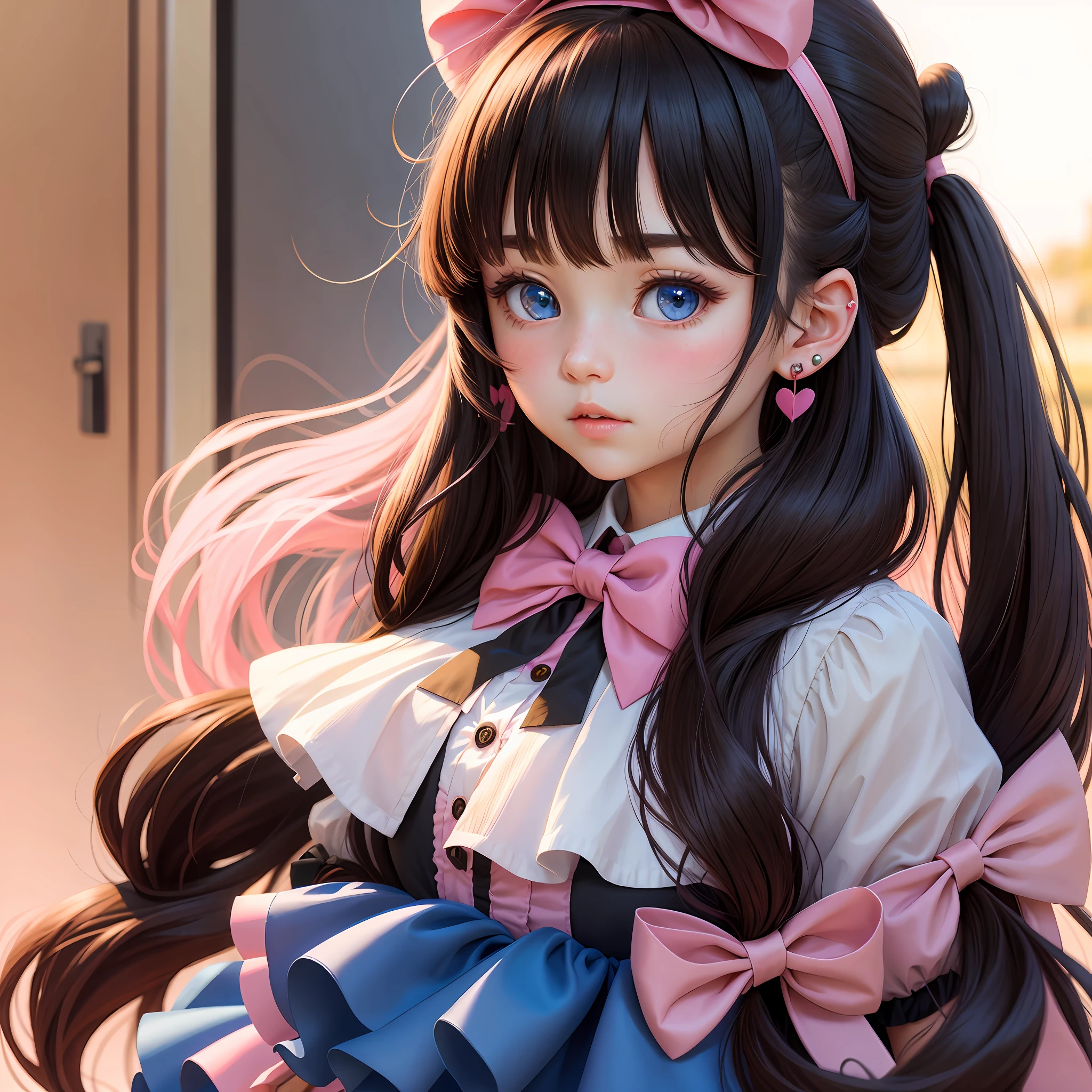 1girl, solo, long hair, blush, bangs, blue eyes, black hair, bow, accessories, shut up, upper body, hair bow, heart, headband, earrings, focus, eyelashes, pink bow, heart shaped earrings
