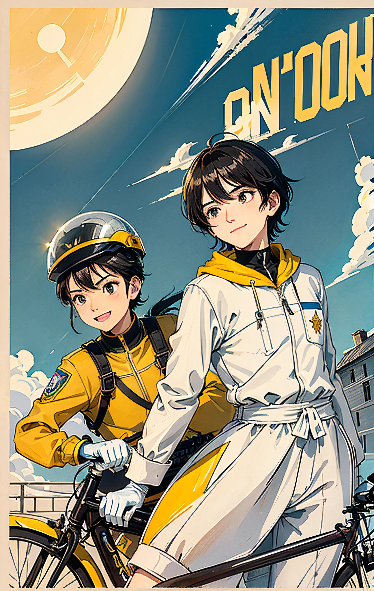 Boy, short hair, cute, beautiful delicate eyes, shiny hair, visible through the hair, hair between the eyes, CCCP poster, black hair, white gloves, yellow take-out suit, yellow helmet, helmet top windmill, side Lights, reflections, boys in takeout suits holding the handlebars of bicycles in both hands, looking at the audience and smiling) , behind me, the road, the crowd, the reflection of the sun, the silver metal, the brilliance, the Soviet style, the diffuse reflection, the metallic texture, the Blue Earth, the inspirational style,