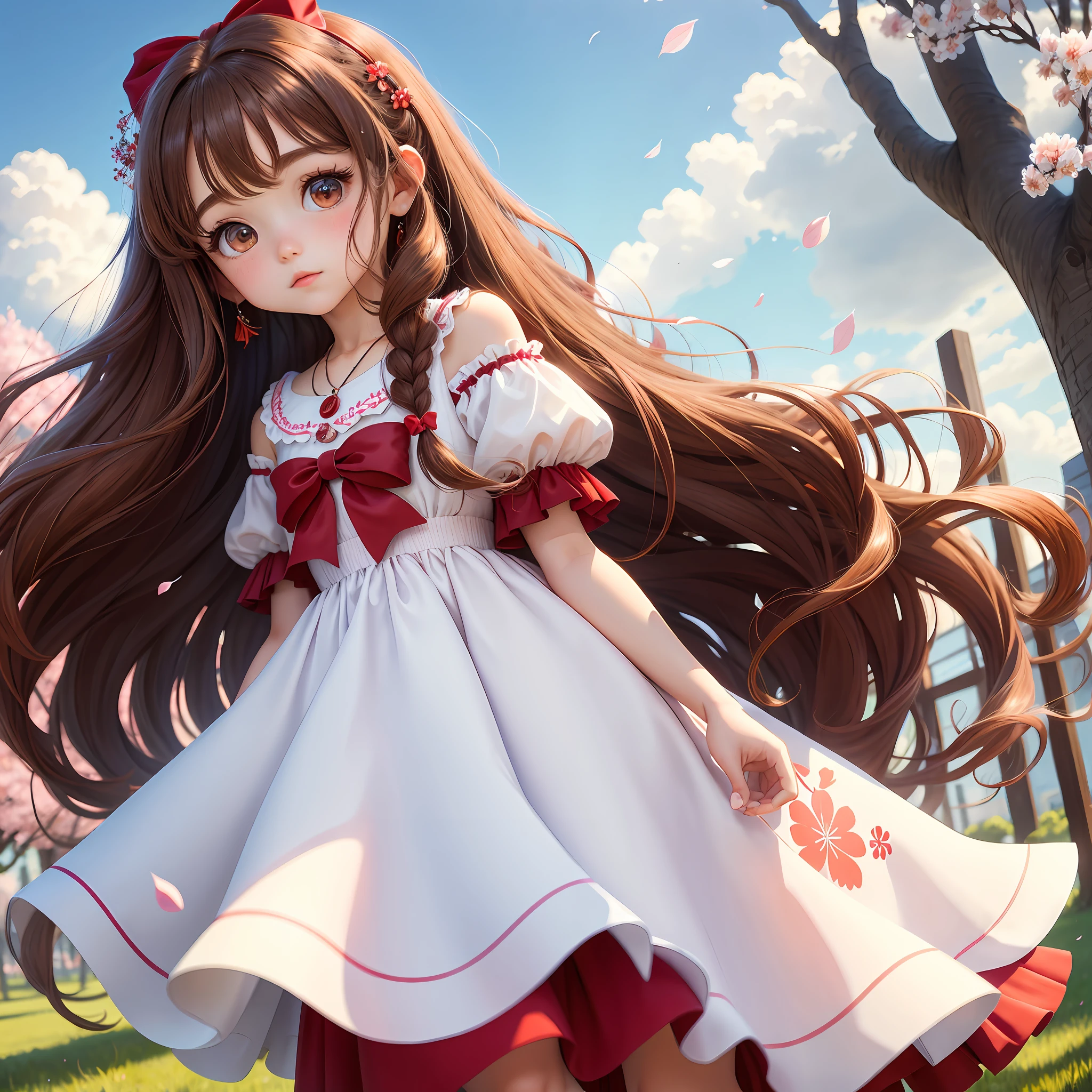 Brown hair, long brown hair, slightly curly hair, a girl, solo, looking at the camera, red puff sleeve dress, big eyes, long eyelashes, masterpiece, delicate, red bow necklace, red bow earrings, cg, hd, blue sky and white clouds, white kite in the sky, light blue eyes, red lips, cute, gentle, fluttering hair strands, cherry blossom tree, fluttering cherry blossom petals