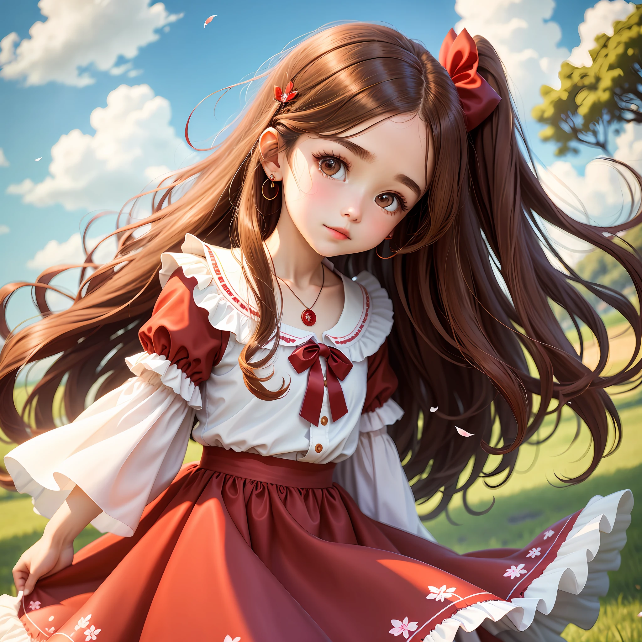 Brown hair, long brown hair, slightly curly hair, a girl, solo, looking at the camera, red puff sleeve dress, big eyes, long eyelashes, masterpiece, delicate, red bow necklace, red bow earrings, cg, hd, blue sky and white clouds, white kite in the sky, light blue eyes, red lips, cute, gentle, fluttering hair strands, cherry blossom tree, fluttering cherry blossom petals