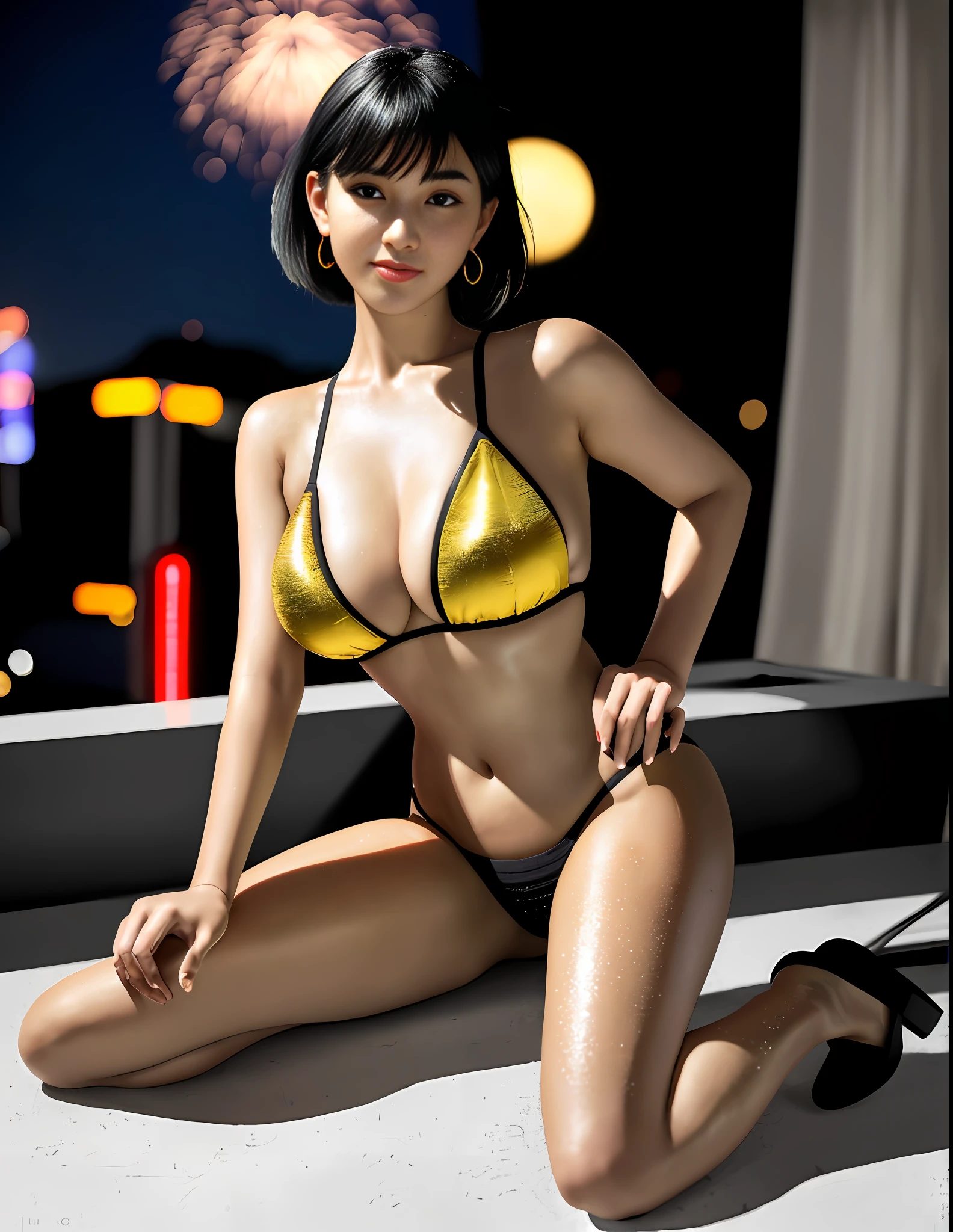 Hyper-realism, highly detailed, surreal details, ultra-realistic detailed full-body images, highly detailed digital paintings, art station trends, HD quality, (8k, RAW photos, highest quality, masterpiece: 1.2). (Realistic, Photorealistic: 1.44). 1 girl. Japanese. . Woman. Night. Professional lighting. Photon mapping. Radio City. Big tits. See-through shirt. The tips of the are sticking out. Short-cut hair. Areola with large protrusions protrude. The shape of the pubic area is clearly visible. Pin-up girl. Pure black eyeshadow. Yellow lip. Pitch black heels. Pubic hair. The lower abdomen bristles. Slender. The crotch is open. Beach volleyball swimsuit. Very much pubic hair. Pubic hair protrudes very much. (8k, RAW photos, highest quality, masterpiece: 1.2). (Realistic, Photorealistic: 1.37). Two girls. Japanese. 18 years old. Woman. In front of the station in Tokyo. Night. Professional lighting. Photon mapping. Radio City. Big tits. See-through shirt. The tips of the are sticking out. Short-cut hair. Areola with large protrusions protrude. The shape of the pubic area is clearly visible. Pin-up girl. Pure black eyeshadow. Yellow lip. Pitch black heels. Pubic hair. The lower abdomen bristles. Slender. The crotch is open. My are big and are about to spill out of my bra. Very much pubic hair. Pubic hair protrudes very much. Gentle face. A smile with open lips. Japan idol faces. Hair gloss. Lip gloss. Atmosphere. Mist. Circular lens flare. The road surface is wet. The floor is also accustomed. Full moon. Shooting stars are visible. I have big earrings. Bangs are all back. Thicker eyebrows. I'm laughing. The light of the moon shines intensely from behind. Muscularity. (Bathtub, wet clothes: 1.1). Rain, humidity. Radio City. Professional lighting. Physically based rendering. mix4。 Torn, big, very small crimson micro bikini, the tips of the protruding, the areola protruding, the shape of the pubic area is clearly visible. Wink, lying down, filming, many LED tape