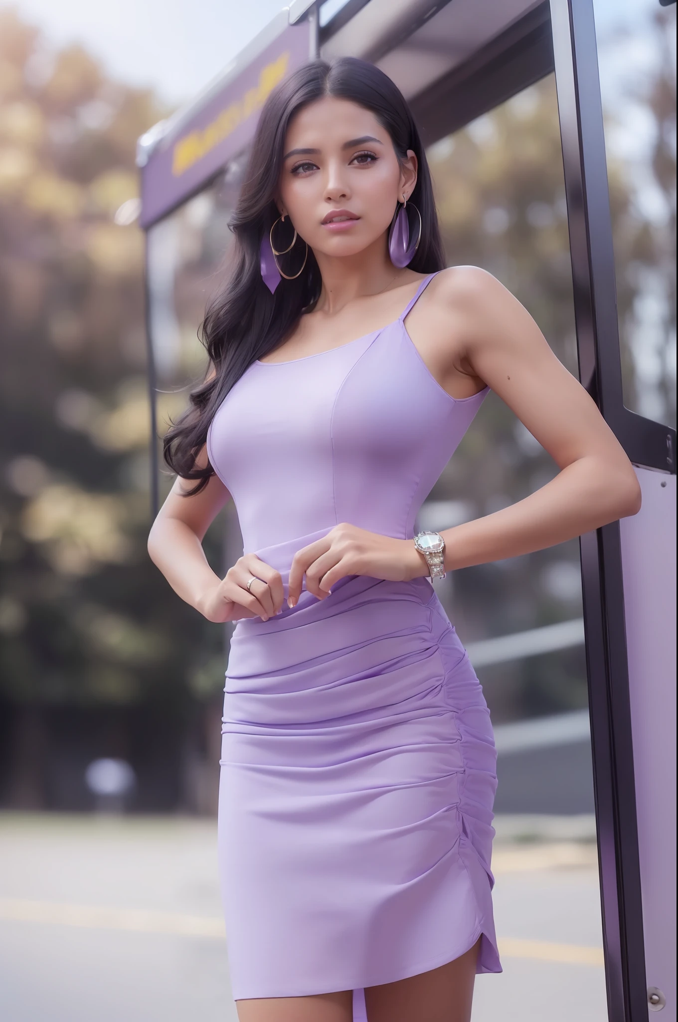 a professional movie photograph of, woman, ((beautiful woman)), standing, waiting, ((wearing a ((light purple)) dress)), long dress, sexy beautiful, ((infront of a bus stop)), anklet, beautiful face, light smile, ((metal earrings(), afternoon, ((outdoors)), sunshine, clear sky, close shot, ((perfect face)), legs, thighs, ((detailed face)), ((black hair)), ((dress flying)), long hair, ((raw photo)), looking at viewer, photographed directly in front using highest resolution camera, sharp focus photo, uhd, hdr, professionally color graded, perfectly shaded, analog photo, high quality, highres, detail enhancement, 8k, high resolution scan, (photo by nikon d800, 50mm zeiss lens), spotlight