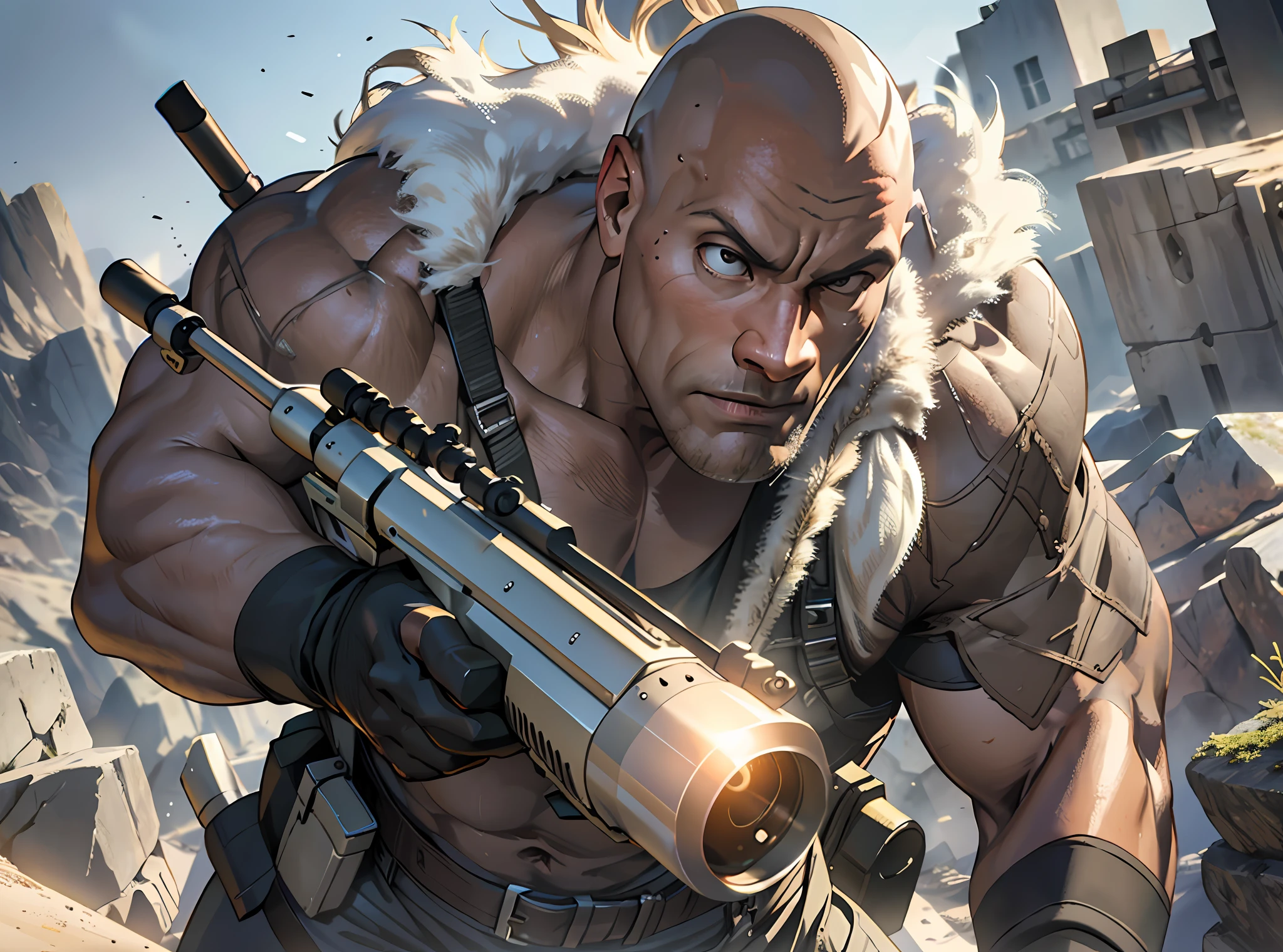 "best quality, realistic CG, high-definition textures, dynamic angle, mastery of light and shadow, the rock, holding a sniper rifle"