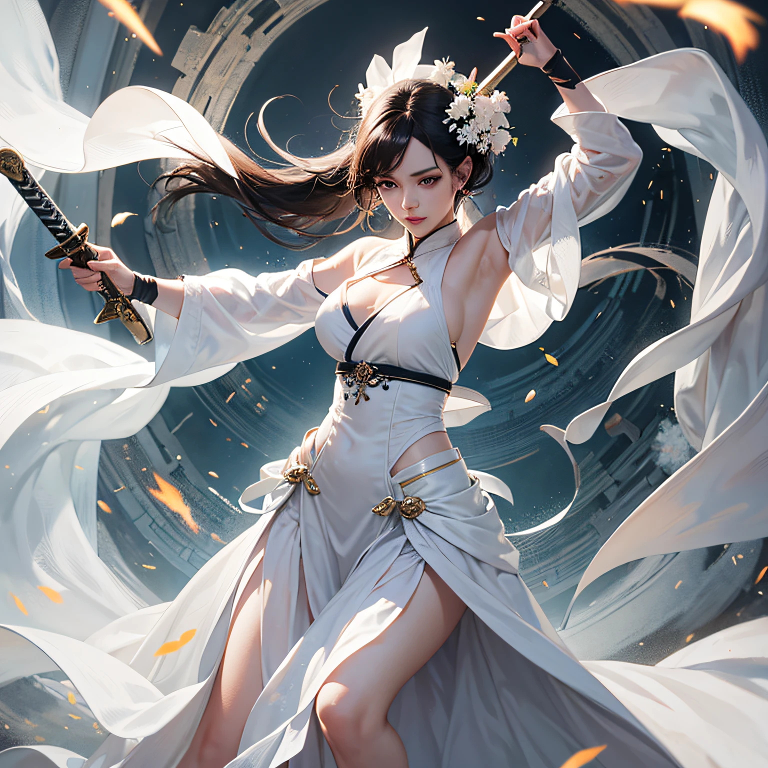 Close-up of a woman in a white dress holding a sword, white Hanfu, flowing white robe, full body martial arts, female assassin --auto --s2