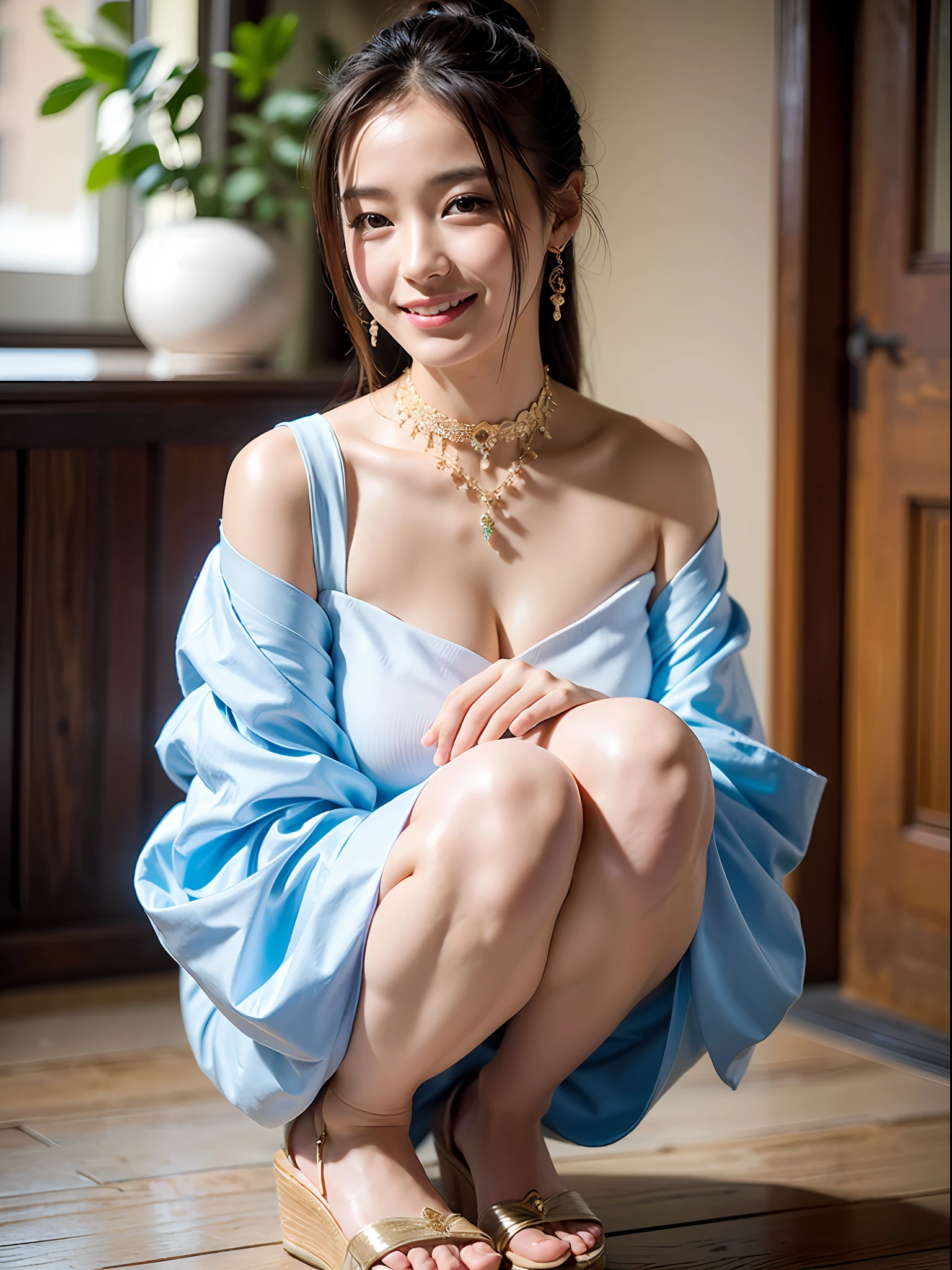 Full body photo, (very delicate and beautiful work), (masterpiece), 1girl, girl in a white dress, high detail, waist leaking, ponytail twisted, happy, smile, attractive expression, clear beautiful eyes, charming smile, delicate necklace, delicate earrings, fairy ears, real light and shadow, description of extreme details, beautiful and charming, ultra-fine painting, delicate face, delicate figure, Delicate collarbone, cute lips, beautiful big breasts, mix4, (8k, RAW photo, top quality, master: 1.2), (realistic, photorealistic: 1.37), 1 girl, cute, cityscape, night, rain, wet, professional lighting, photon mapping, radiosity, physically based rendering, delicate and masterpiece, beautiful details, colorful, fine details, detailed lips, intricate details, (1 female: 1.1), (3 sexy women: 1.1 gorgeous and beautiful), (hair tying: 1.1), (50mm Sigma f/1.4 Zeiss lens, f1.4, 1/800s, ISO 100, photo: 1.1), big breasts, (photorealistic: 1.1), solo, looking_at_viewer, tall woman, happy smile, from_front, earrings , slim_legs, Skinny, thigh_gap, Model, Lens Flare, Choker, (Hanbok + See-Through Silhouette, Wedge Heel: 1.3), Squatting Cowgirl, Gonzo,