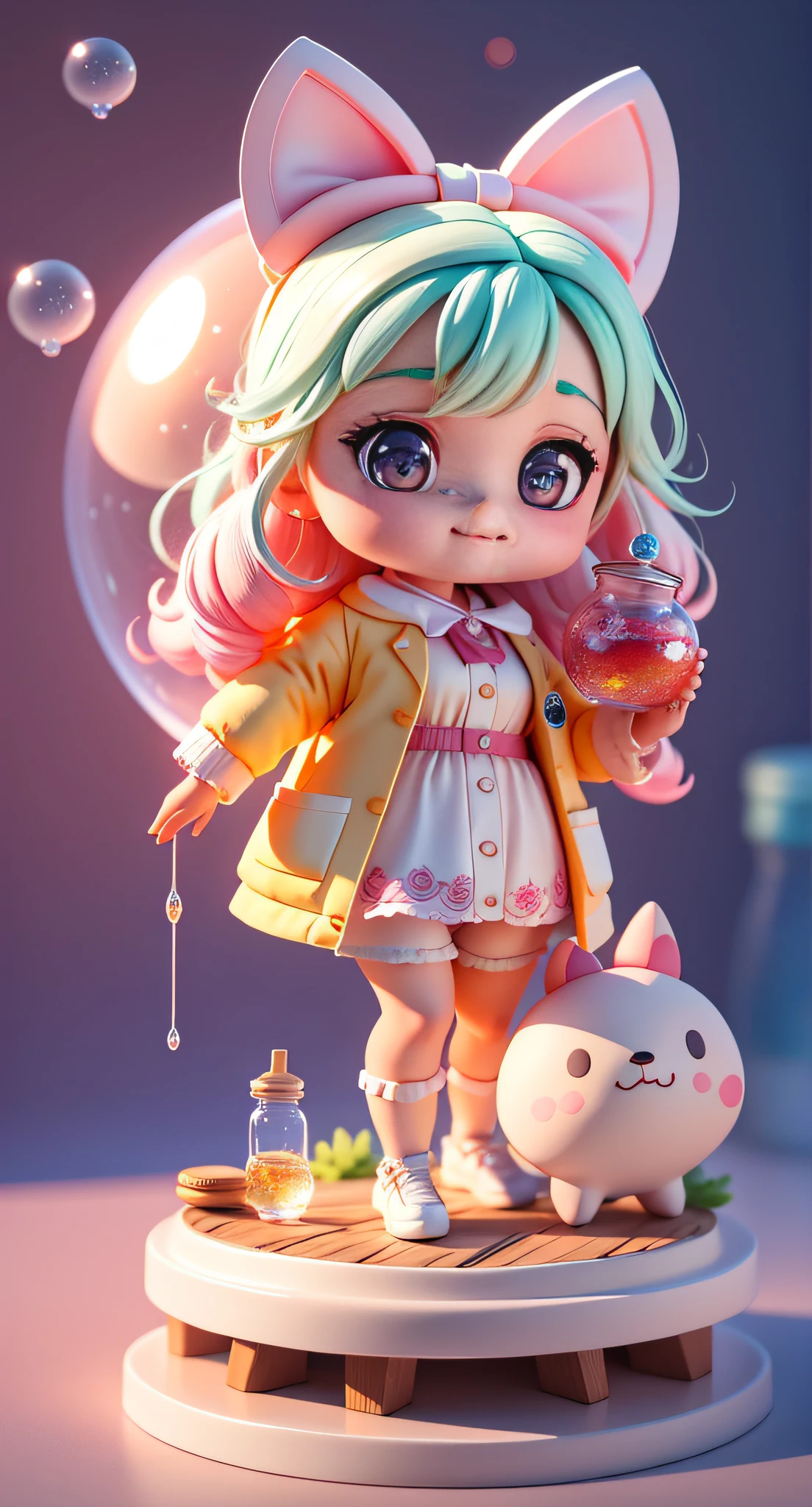Official Art, Unified 8k Wallpaper, Super Detailed, Beautiful and Aesthetic, Masterpiece, Best Quality, Oversized Wallpaper, Detailed Plastic Material, ((Same Character, Front, Side,)) Best Quality, (Very Detailed Model), (Best Quality), Octane Rendering, Ray Tracing, Very Detailed, 3D Toys, Exaggerated Giant Long Hair, Cute Candy Little Girl, Full Body 3D Drawing, 1 pc, Good Looking, Big Eyes, Cute, Happy, C4D, Pop Matt Blind Box, Macaron Tones, glowing bubbles, toys, solid color background, chibi, fluorescent translucency, luminescence, kawaii, doll, (((scientist, white lab coat))), reference table, pop mart blind box, pixar, intricate details, close-up,. Inspired by Alice in Wonderland, magic, fairy tales. Unreal Engine, octane render, cuteness render, 3d rendering, Adobe Photoshop, awe inspiring, beautiful, cute ,