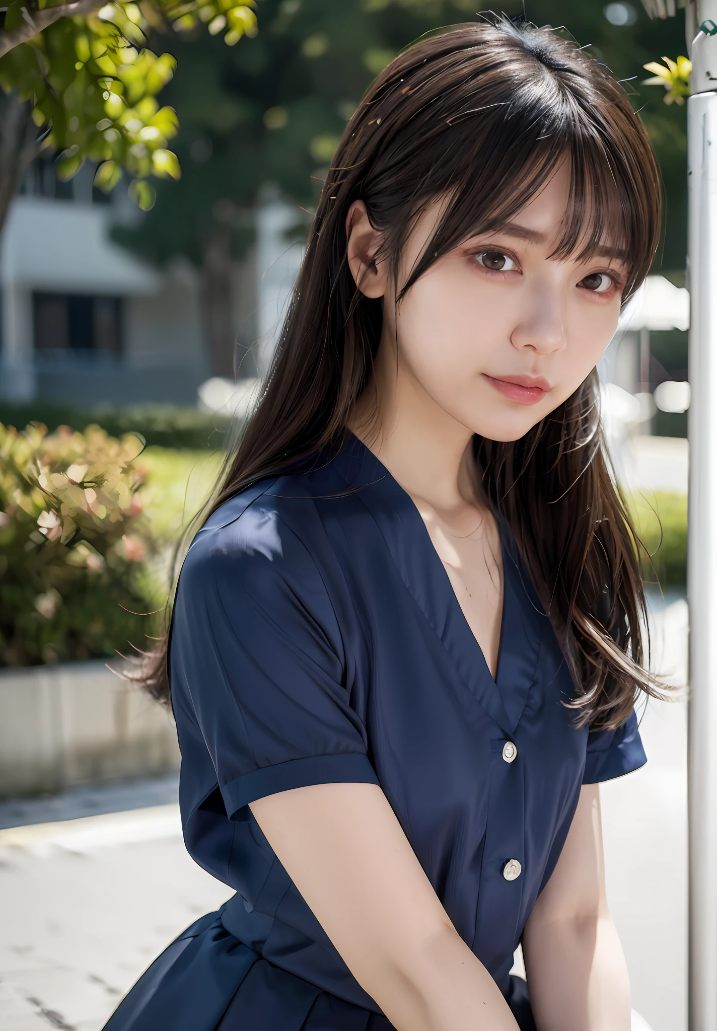 (8k, RAW photos, top quality, masterpieces: 1.3), (realistic, photorealistic: 1.37), (night), (viewers: 1.331), (gray hair), posing, Tokyo Street, night view, cyberpunk city, soft light, 1 girl, very beautiful face, bust, hands laying, random hairstyle, random expression, big eyes, lower abdomen, (short sleeves JK_shirt), JK_ Style, (dark blue JK_skirt), (ribbon JK_tie), mix4, detailed eyes, full body, 18 years old