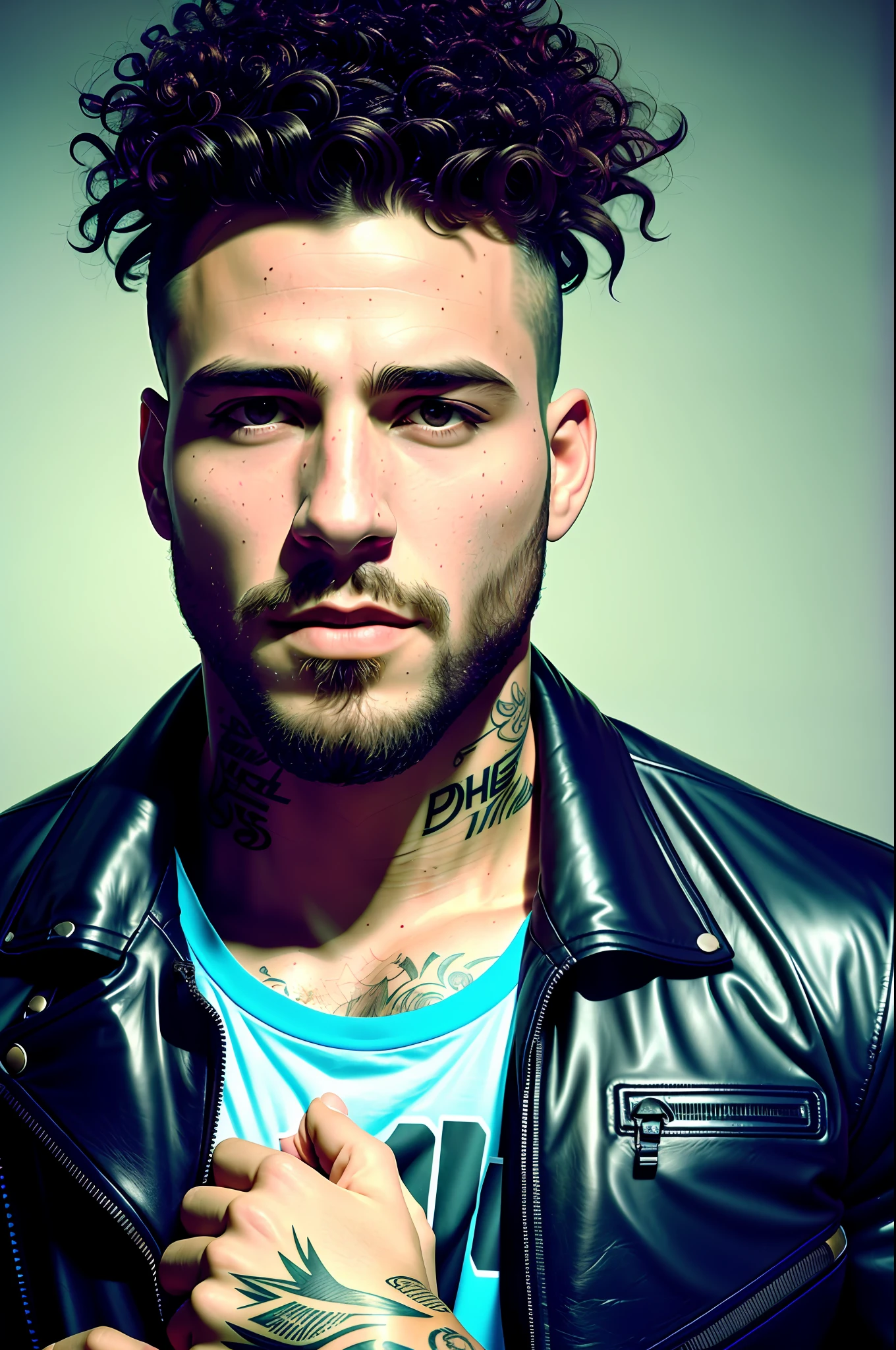(masterpiece:1.1), (photorealism:1.1), (1guy), an athletic man, no makeup, expressive face, sweaty skin, natural lighting, curly curly hair with texture, punk style, (wearing a leather jacket and a t-shirt), tattoo of bold design, exposed torso, flushed, ((full body portrait)), alternative man, (open mouth), (intense expression), tattoos, detailed photography, poster, high resolution, focus on lips,  front camera, high resolution, confident, (expression of satisfaction), (half-closed eyes), sharp focus, focus on the face, defined chest, beard style, (on a dance floor in a crowded club), at night, background lights, people in the background, color photo, shallow depth of field, ambient light, (strong hands), striking face.