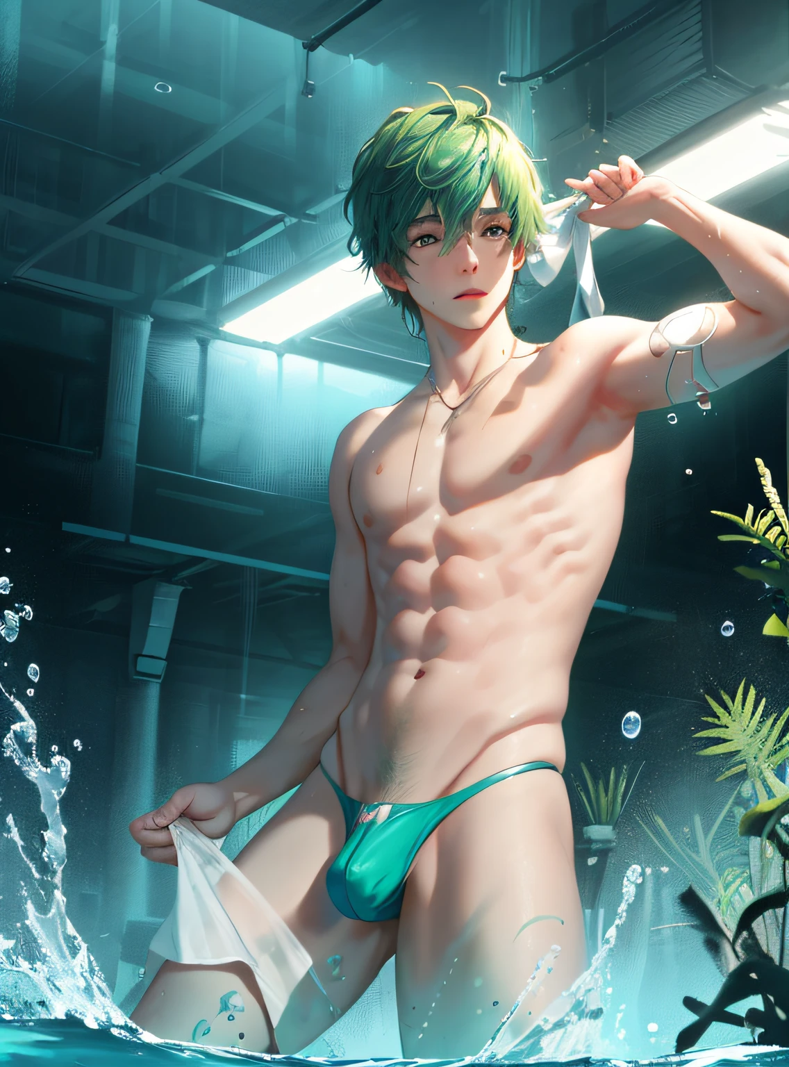 (hyper-realistic digital illustration), hires, best quality, wearing small , full mast,  bulge,  bulge, visible through  , underwater world, wide angle, swimming, athletic body, male, iridescent skin, flat , perfect eyes, messy green hair ,  bio-luminescent