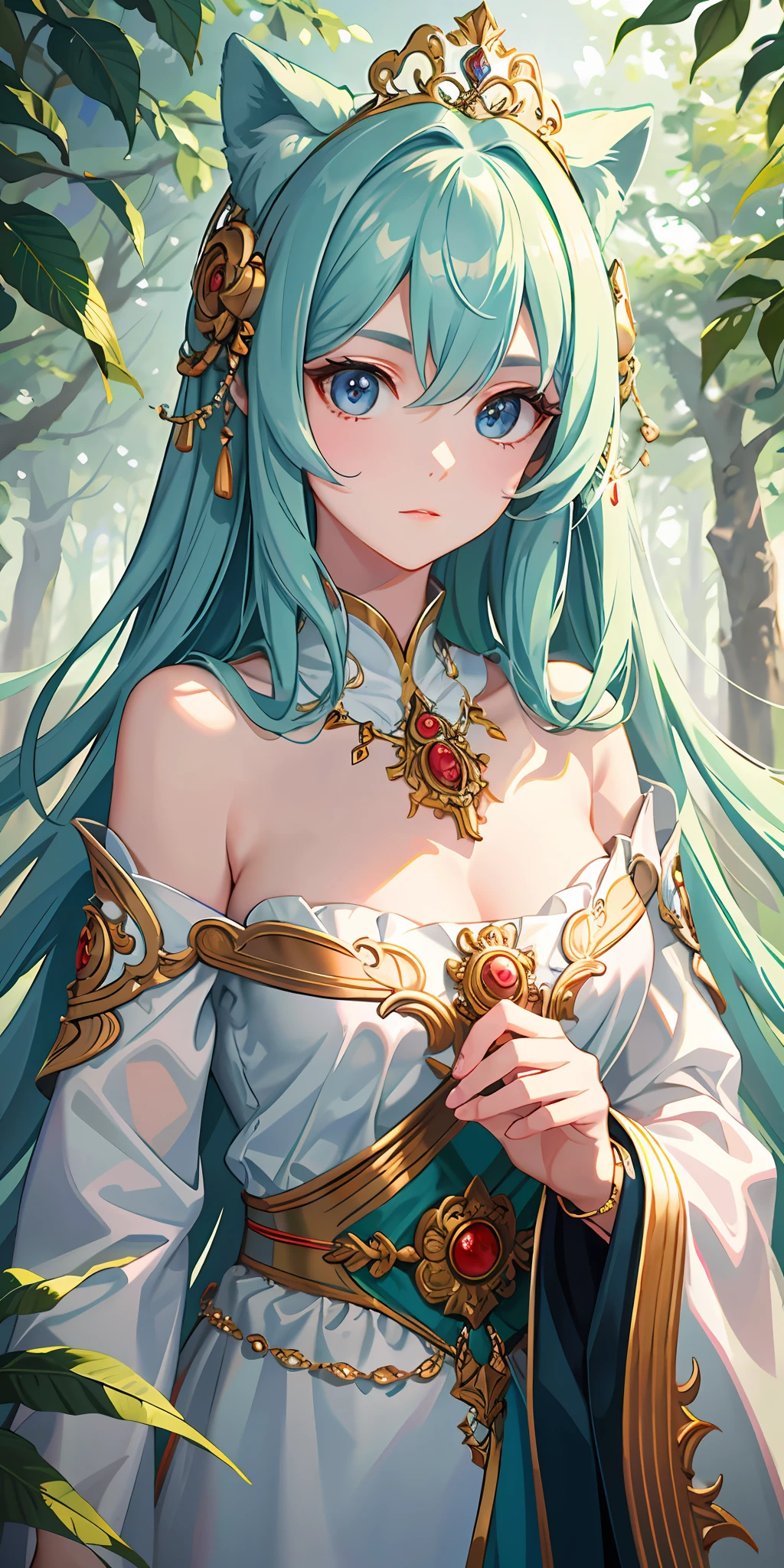 Best image quality, 4k, masterpiece, female, godly eyes, exquisite hair, look at the lens, delicate facial features, forest, portraiture, above the shoulder, [elegant demeanor, dignified atmosphere and excellent posture that catches the eye + handsome face + portrait effect]. Frontal light source