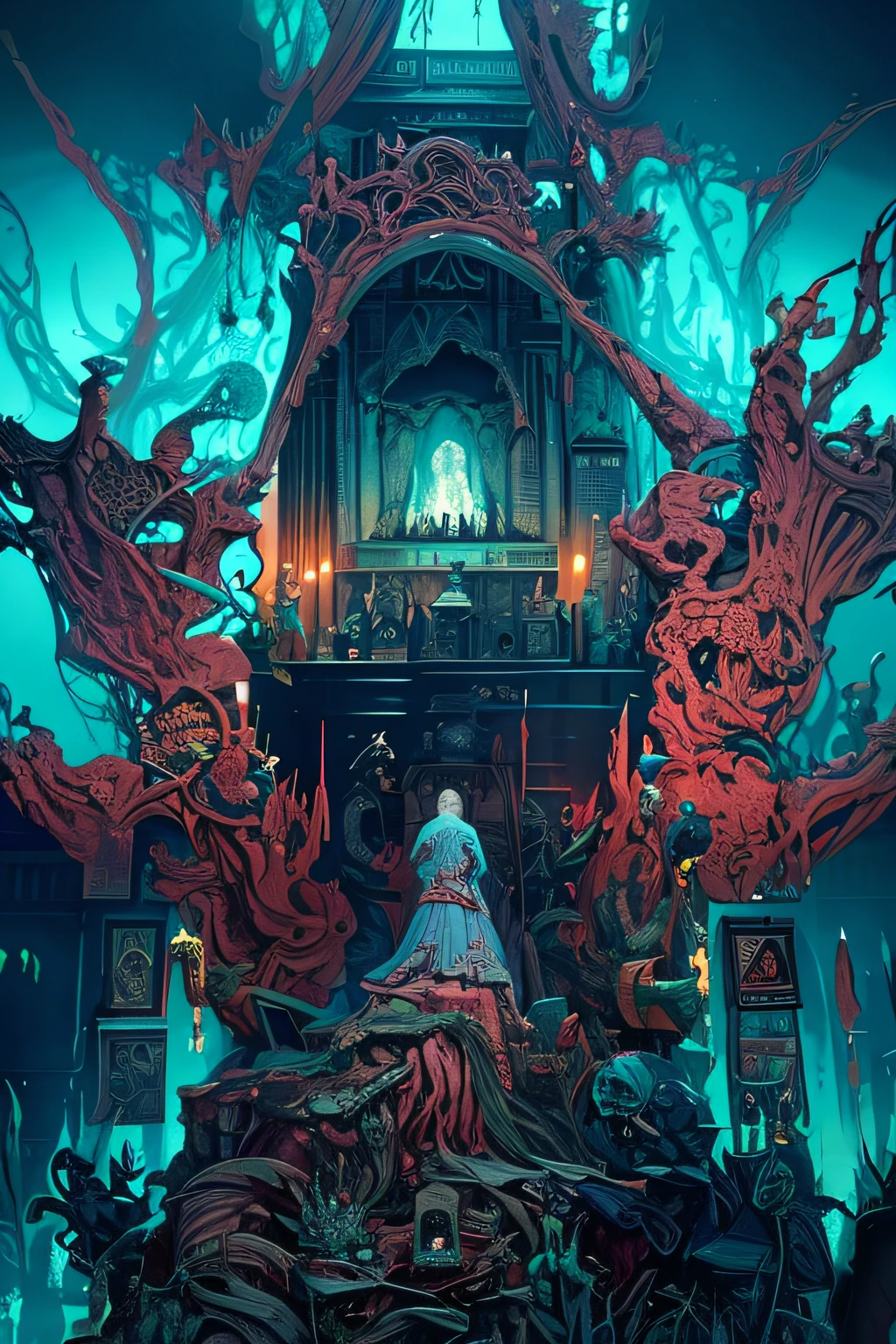 there is a statue of a woman surrounded by clouds of smoke, by Guillermo del Toro, inspired by Guillermo del Toro, beksiński and james jean, bloodborne cathedral, visually stunning scene, weta studio and james jean, mat collishaw, inspired by Gustave Moreau, bloodborne concept art, demonic shrine, james jean marc simonetti