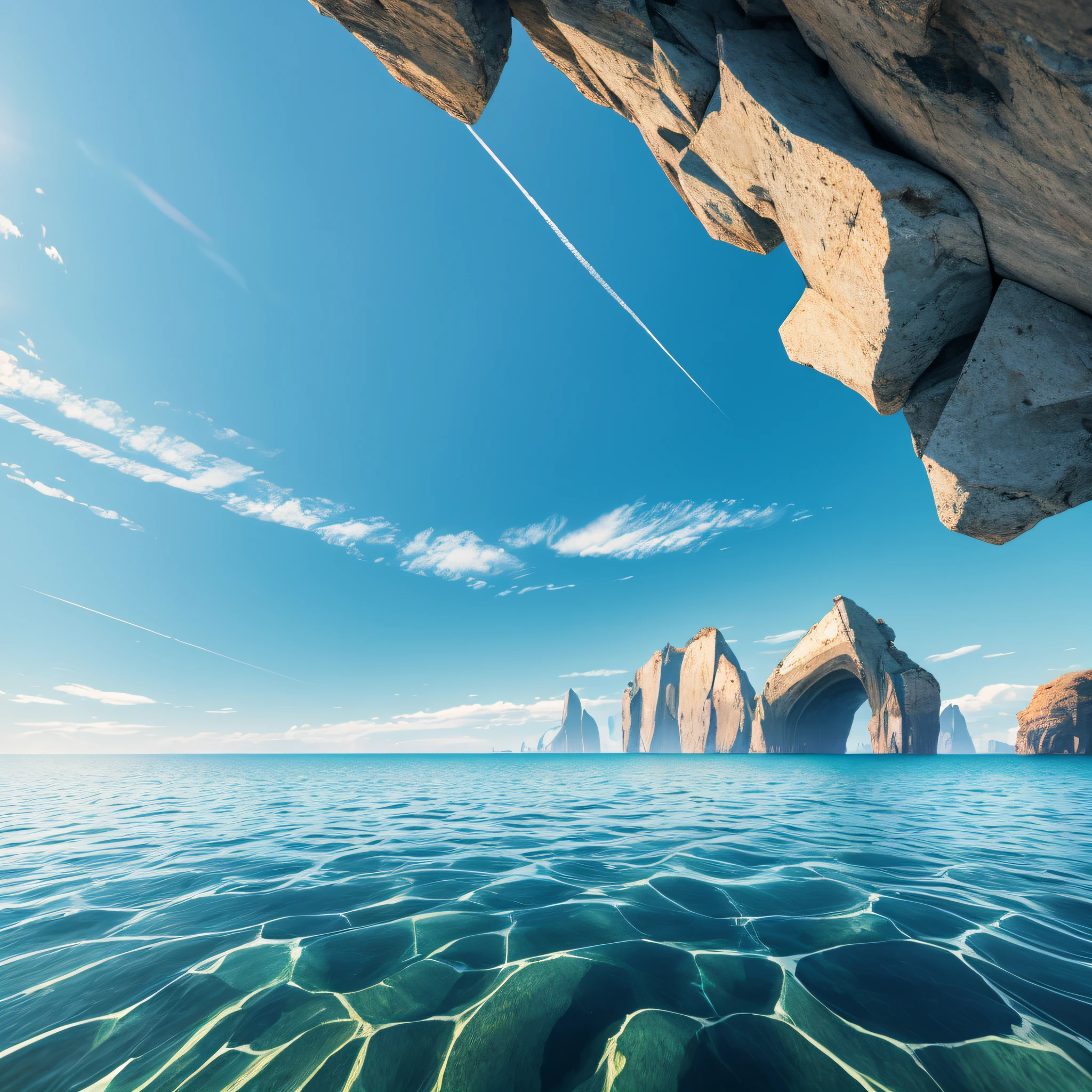 no humans, scenery, vanishing point, from below, masterpiece, best quality, 8k, absurdres, water surface, summer, noon, sunlight, blue sky, perspective, depth of field, highres, finely detail, ultra-detailed, sharp focus --auto --s2