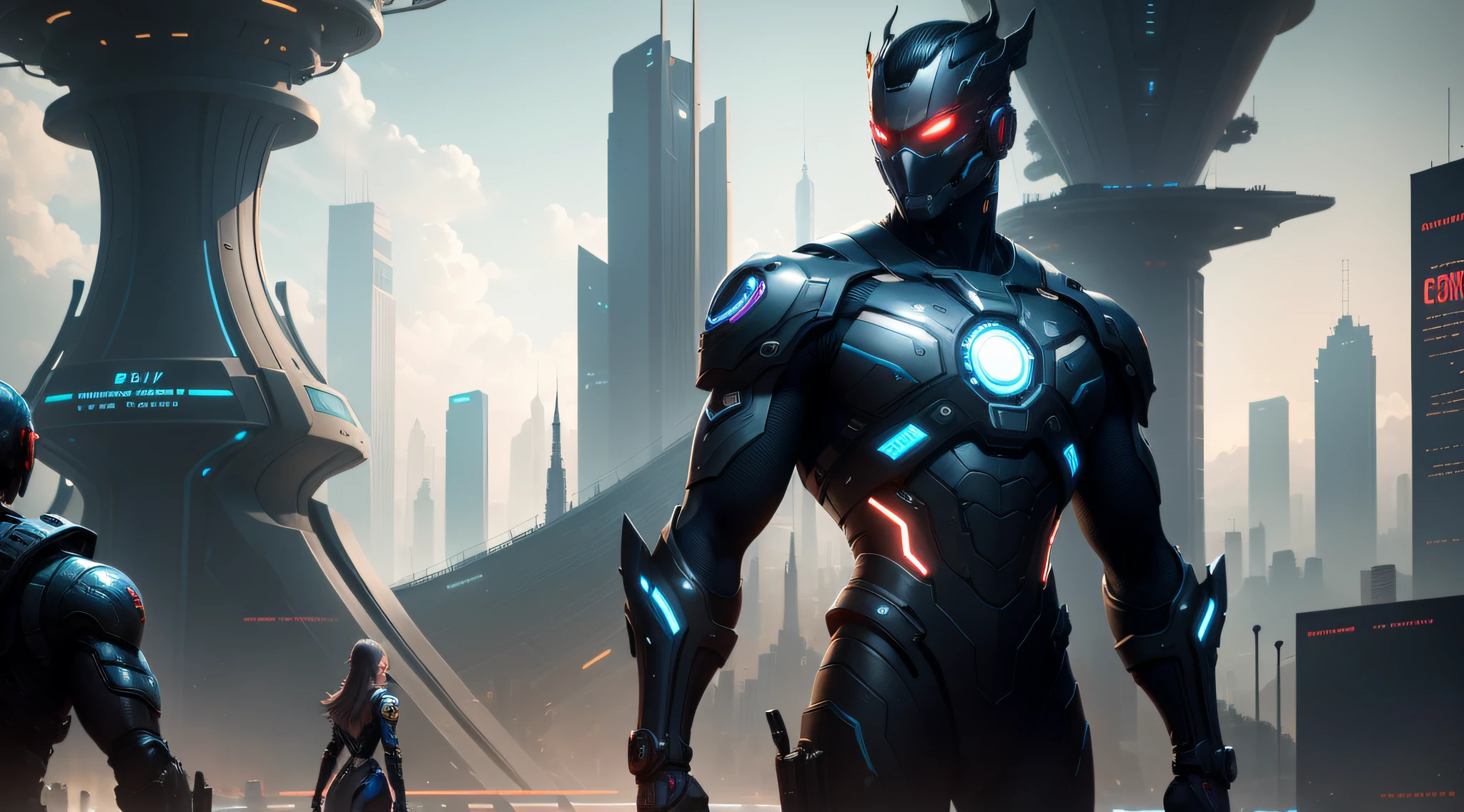 Guvez style cyber-future city, high-quality CG, multiple characters, complex scenes, full of competitive atmosphere, emphasizing futurism and technology, full of color, rich details, tough lines, and desperate expressions of characters