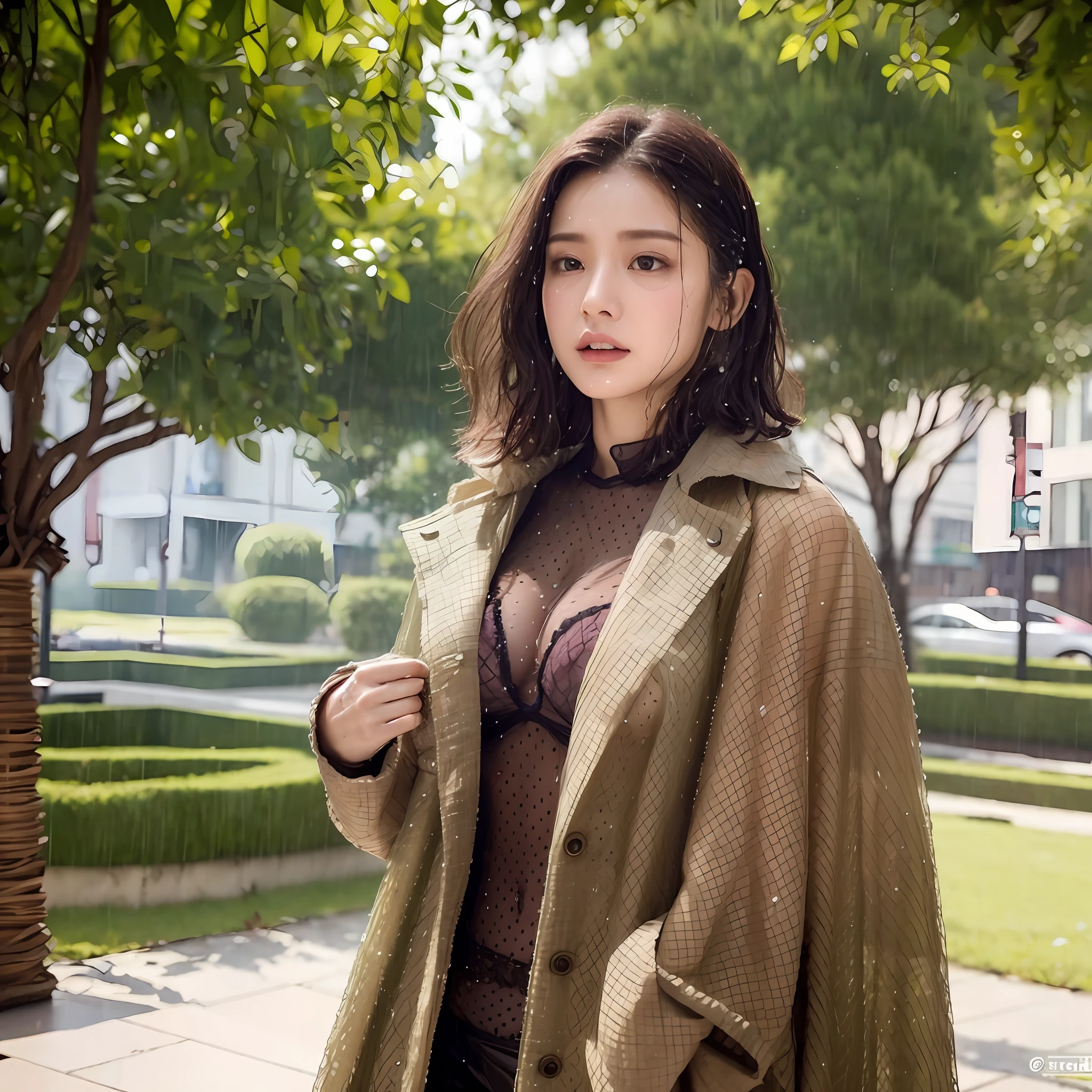 Rain, rain-soaked clothes, (sheer ?????? shape: 1.3, sheer ?????? color: 1.3), wet hair, sweaty skin, sheer feeling: 2.0, exposed cleavage, sheer abs shape, ??????