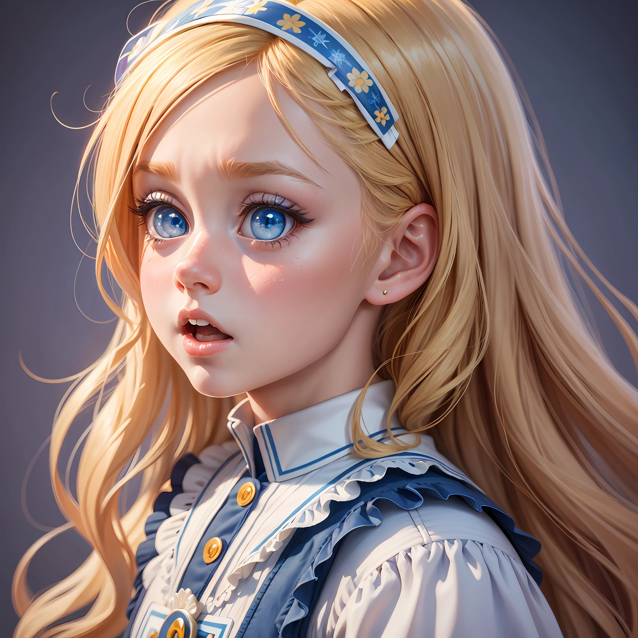 Beautiful 4  swedish girl with blue eyes and blond hairs. detailed face, hyper realistic. Open your mouth and laugh, eyes narrowed，Artwork Styles: Cartoony, Realistic, artgerm, pixar style, in a Disney Artstyle, POP MART style, Disney illustration, full body, highly detailed stunning digital art, 8k