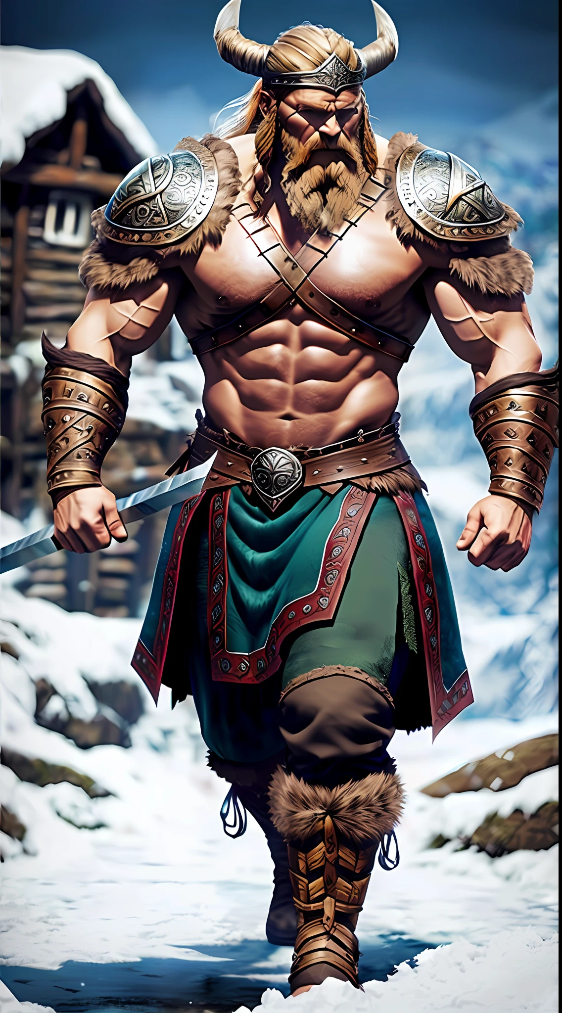 (muscular,superstrong berserker man viking ), Viking suit, viking tattoos, a background village, falling snow, ultra-realistic 3D rendering with Octane Render, (dramatic and vivid lighting),(stunning 8k resolution, crystal clear),precise texture details. --auto --s2