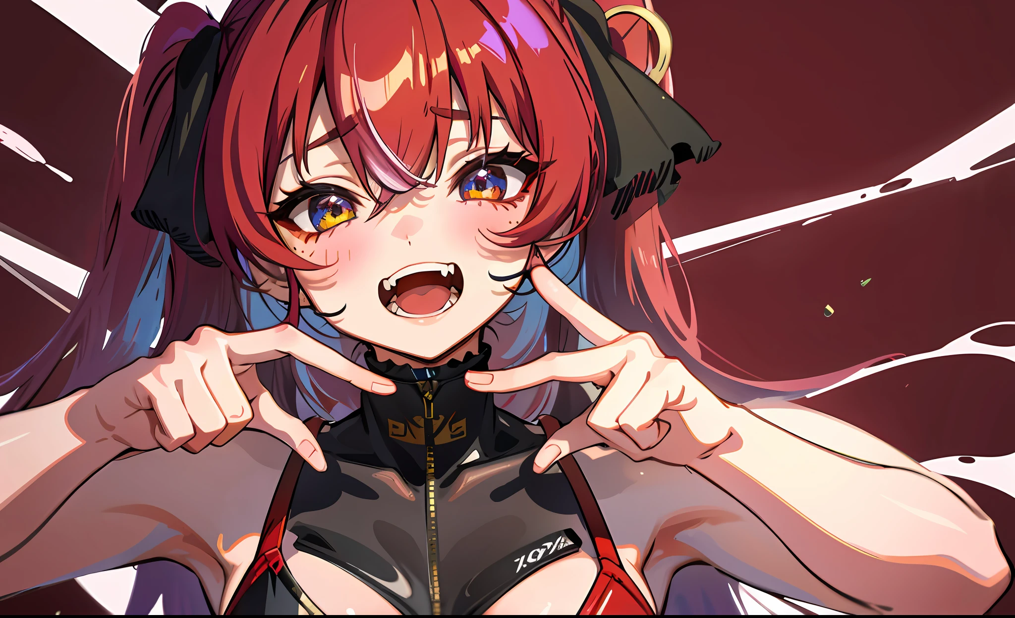 masterpiece, high quality, houshouBikini, highres, absurdres, ultra-detailed, detailed eyes, 8k, ti-emb_kobo-kanaeru, 1girl, colorful eyes, fangs, open mouth, bangs, colorful background, looking at viewer, vibrant, contrast, red hair, red hair, gradient hair, happy, graffiti wall background, water splash, close up, red right color eye, yellow left color eye,