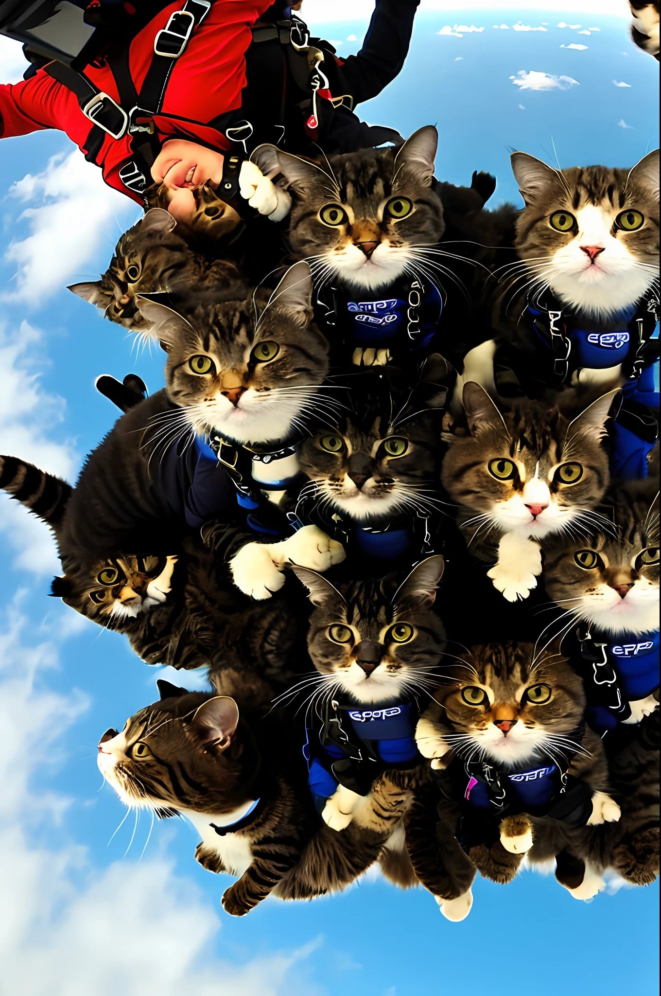 gopro footage of a group of badass cat skydiving, falling style of cats, wear skydiving suit, look at a camera, soft volumetric lights,
