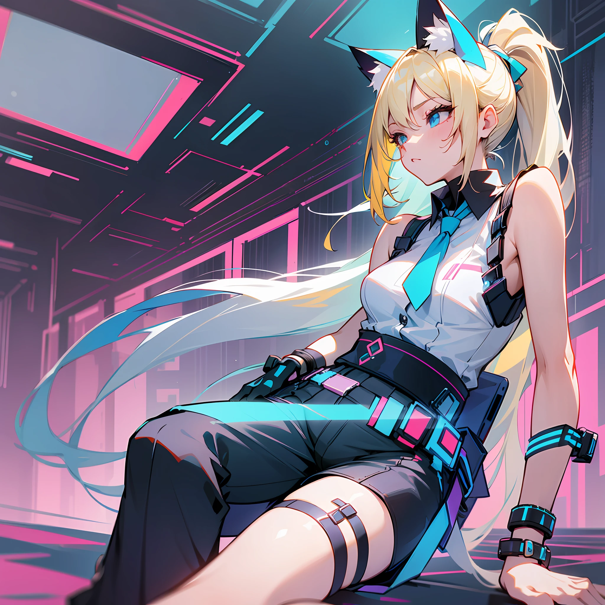 Angela, cyan hair, blond eyes, double ponytail, long hair and waist, smart cat ears, smart bracelet, digital vest, white shirt sleeveless, digital belt, blue digital shoes, digital red heart, cyberpunk --auto --s2