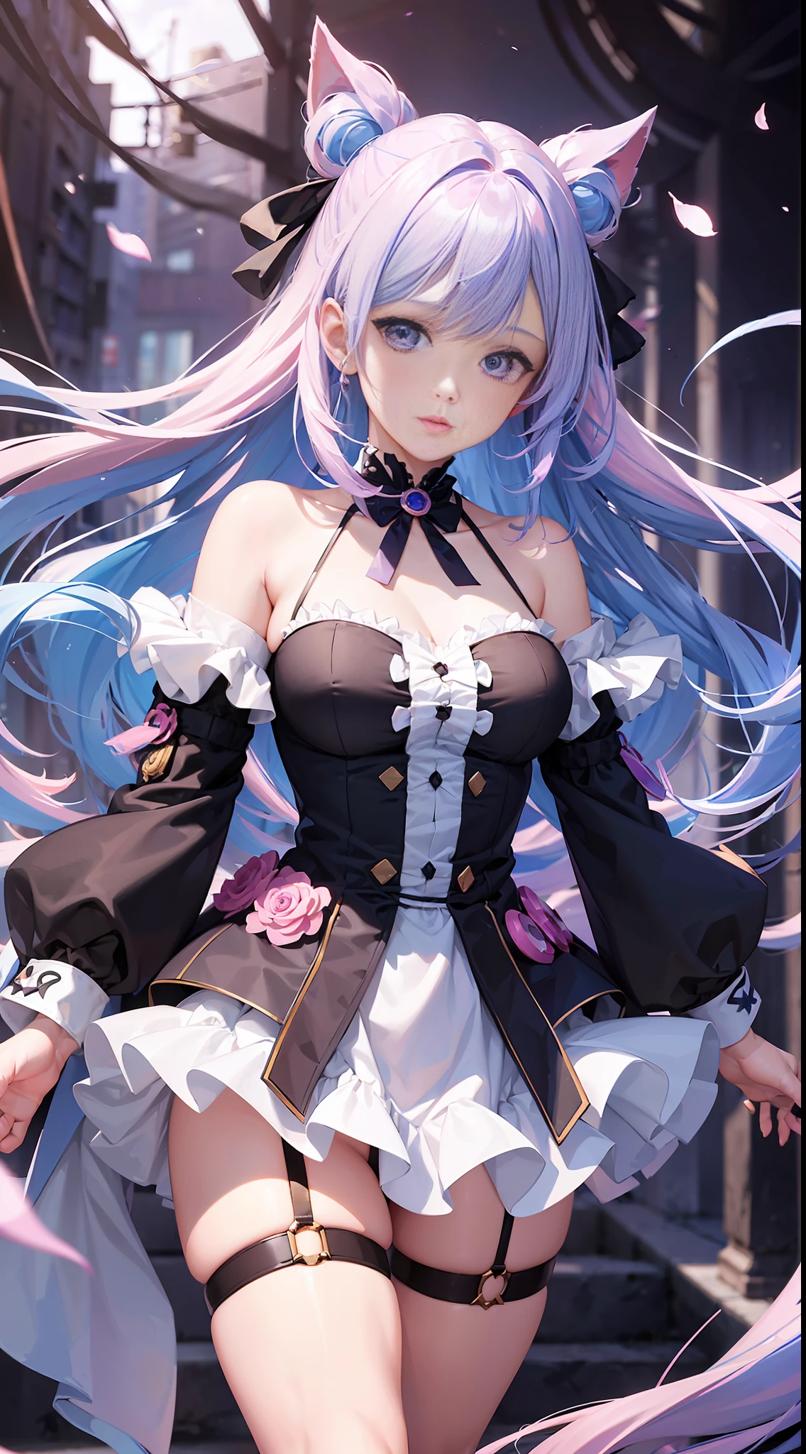 ((ultra-detailed CG Unity 8K Wallpaper,best quality, masterpiece)), an extremely delicate and beautiful, floating, high resolution, 
[(1girl),(multi-colored hair+blue hair:1.2+pink hair:1.2+purple hair+white hair:1.2),(delicate and beautiful eyes:1.1), black choker, pink ribbons, dynamic pose, delicate stockings, long shot]:0.8.