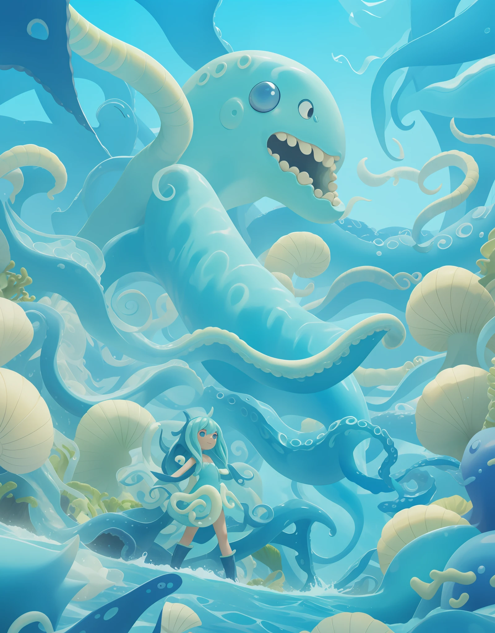 Sea Slime, (monster girl), sky-blue skin, sky-blue tentacle mouth, sky-blue tentacles for hands, pale yellow helix-spiraled shell on het back, wearing tan armor, masterpiece, best quality