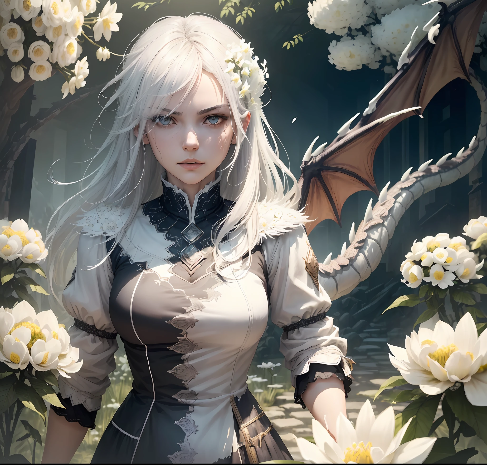 (very detailed CG unity 8k wallpaper), (masterpiece), (best quality: 1.2), (high resolution), (illustration: 1.1), (movie lights: 1.1), fine, intricate details, (best illustration), 8k resolution, intricate details, best quality, realistic, ultra detailed, best lighting, best shadows, ultra hd, cryengine, ultra hd, (detailed reflections), detailed shadows , (((intricate details))), smooth, ((perfect shading)), high-quality metallic texture, metallic luster, highly detailed illustration, (semi realistic:1.6), (wide_shot:1.2), ( from below, dutch_angle), dutch angle, ((cowboy shot)), (beautiful detailed eyes :1.1), beautiful detailed eyes: 1.1, (realistic body: 1.2), looking at the audience, (a girl holding a white Giant dragon, surrounded by white flowers.:1.6), (with disheveled hair), (holding left hand\[prepare a sword[light skin]], (blood dripping all over body:1.1), paintbrush, (glowing eyes\[ Rubik&#39;s cube in the eyes [color yellow]), long silver hair, hair between the eyes, sigma 135mm lens, amaryllis around, (((face to face: 1.6))), complex background, dynamic camera angle, blood rain behind , (war zone), (((high quality detailed ruins))), (depth of field), ((cinematic lighting)), ((horror)), ((dark fantasy)), lovecraftian, spot color, monotone, Red, blood splatter, (best illumination), (hyper intricate details), ((ultra-detailed)), 4k unity , (extremely detailed CG:1.2), (8k:1.1), ((landscape)), Artstation, ((by sui ishida, by Wenjun Lin, by stefan morrell)), dystopian art, apocalyptic art, ((semi-realism), (realism), (dynamic), (nixeu_basic2:0.5)
