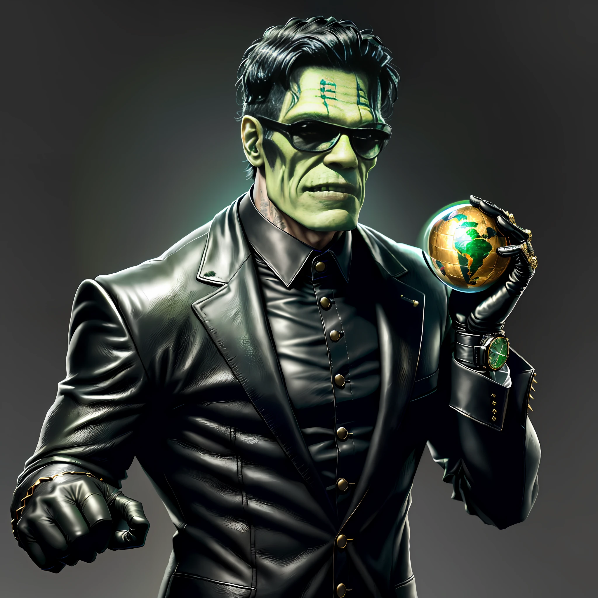 ((Highly detailed)), ((super realistic)), ((4k image)), ((color balance)), Monster Frankenstein, wearing black leather suit, green face, black hair, leather glove, black sunglasses, gold watch, standing, centered on the set, holding sphere with hands, neutral theme, (no duplications).
