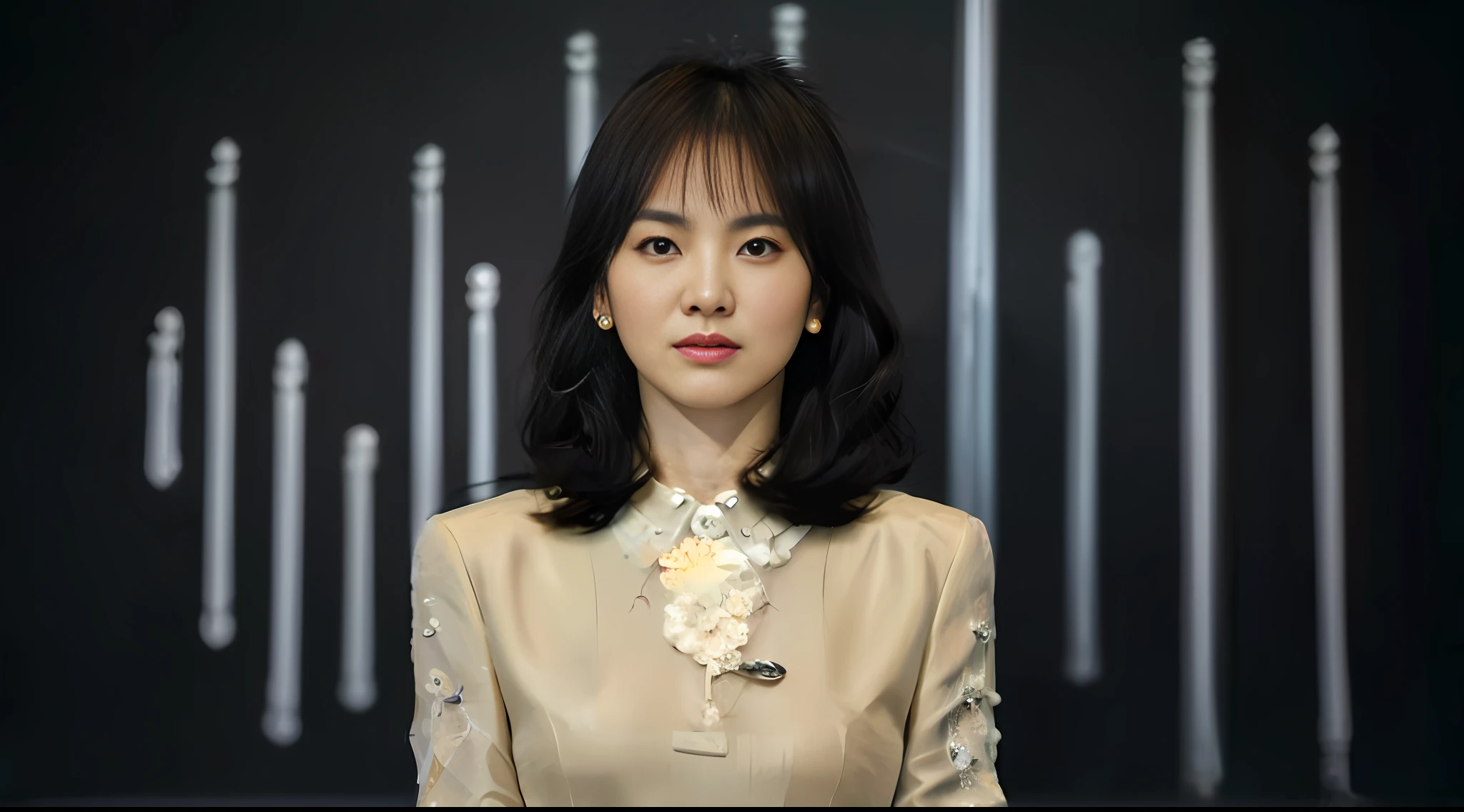There is a woman in a cheongsam standing in front of a white background, resembling the portraits of Lin Zhiling, Liu Shishi, Zhao Liying, and Li Qin, with straight facial features, a natural demeanor, and a straight gaze looking ahead, full of the grace of Chinese oriental women