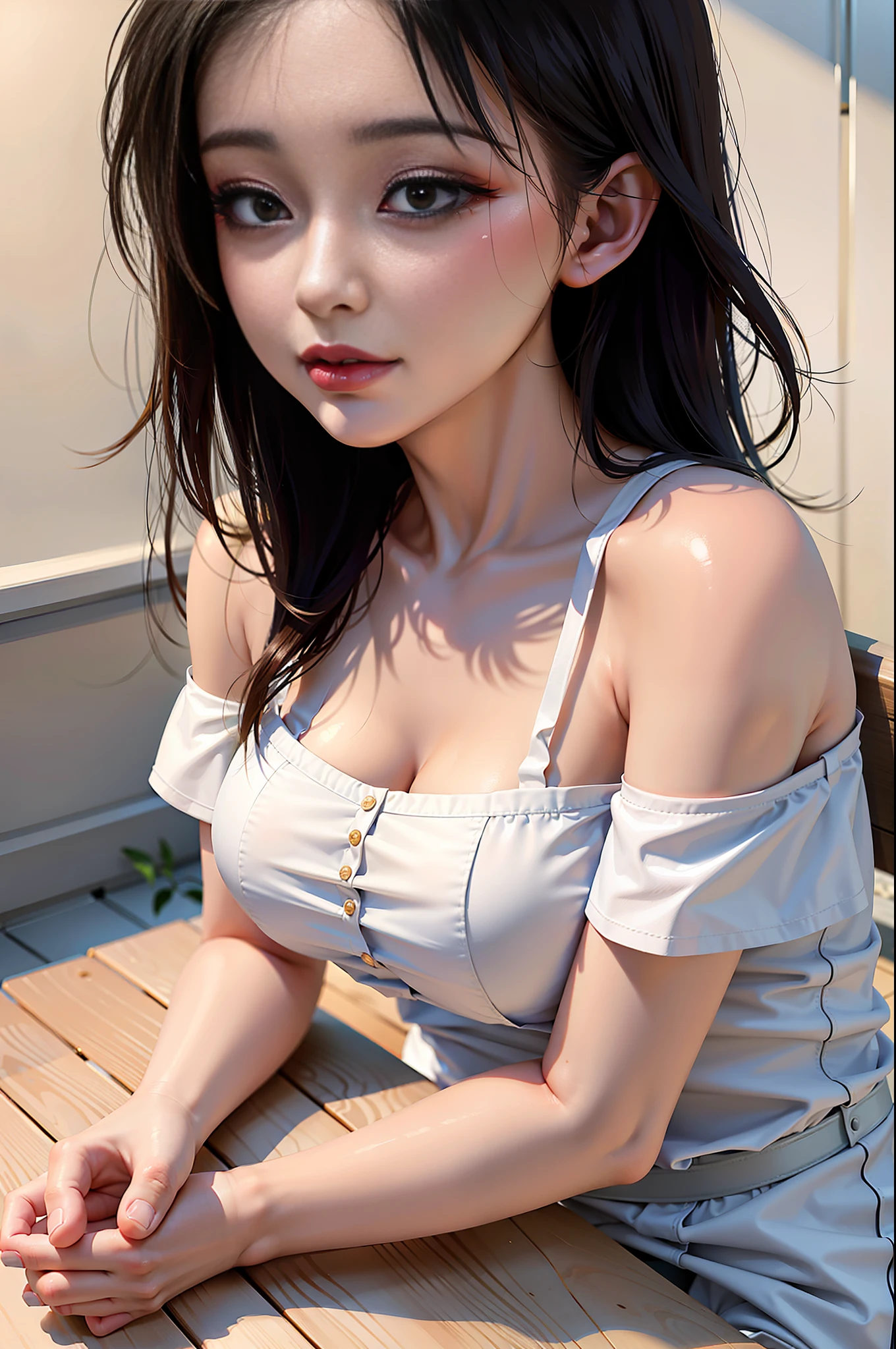 korean beauty, korean mixed,realistic,(((best quality))),8k, ((masterpiece)),(an extremely delicate and beautiful), extremely detailed, ((extremely detailed face)), ((extremely detailed eyes)),absurdres, best quality, 1girl, solo, (single bare shoulder shirt short:1.1),transparent ,see through, shiny skin, shiny hair, heart-shaped pupils,(big breasted:1.4),((Girl rests her boobs on a table)),((((sitting straight)))),side view,(studying:1.3),(full body:1.3)