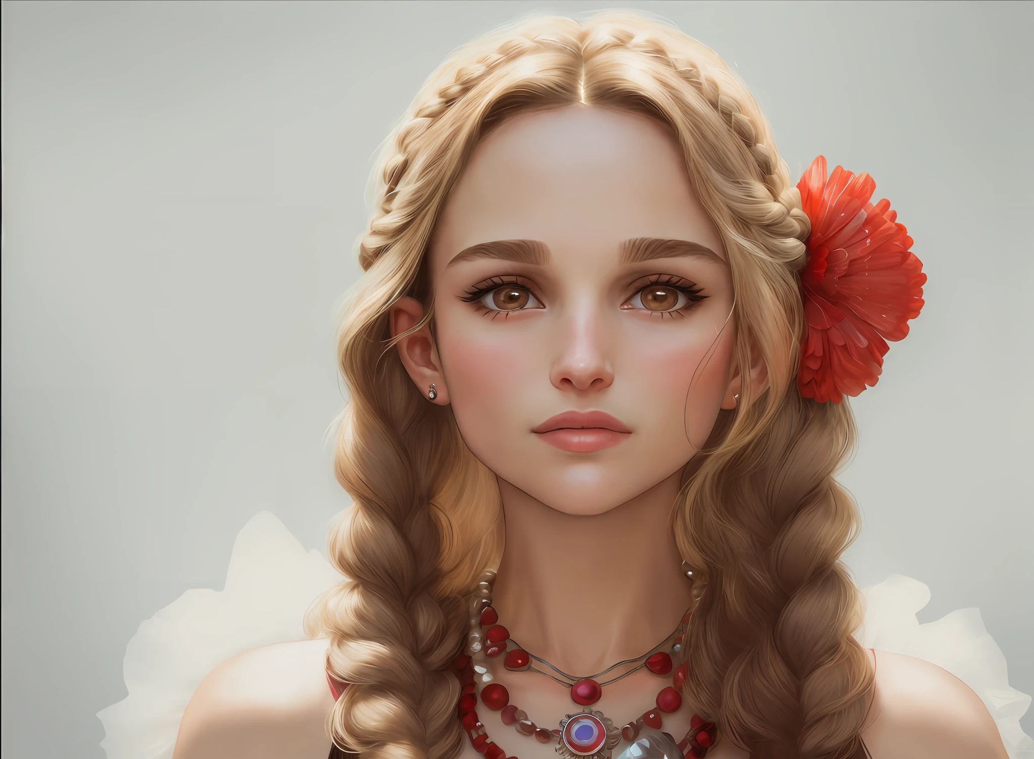 there is a woman with a braid in her hair and a necklace, portrait of natalie portman, inspired by Martin Schoeller, natalie portman as a goddess, hyperrealistic beautiful face, hyper realistic faces, natalie portman, photorealistic beautiful face, full - face close - up portrait, symmetrical vogue face portrait, hyperrealistic faces, ultra - realistic faces, hyper realistic face