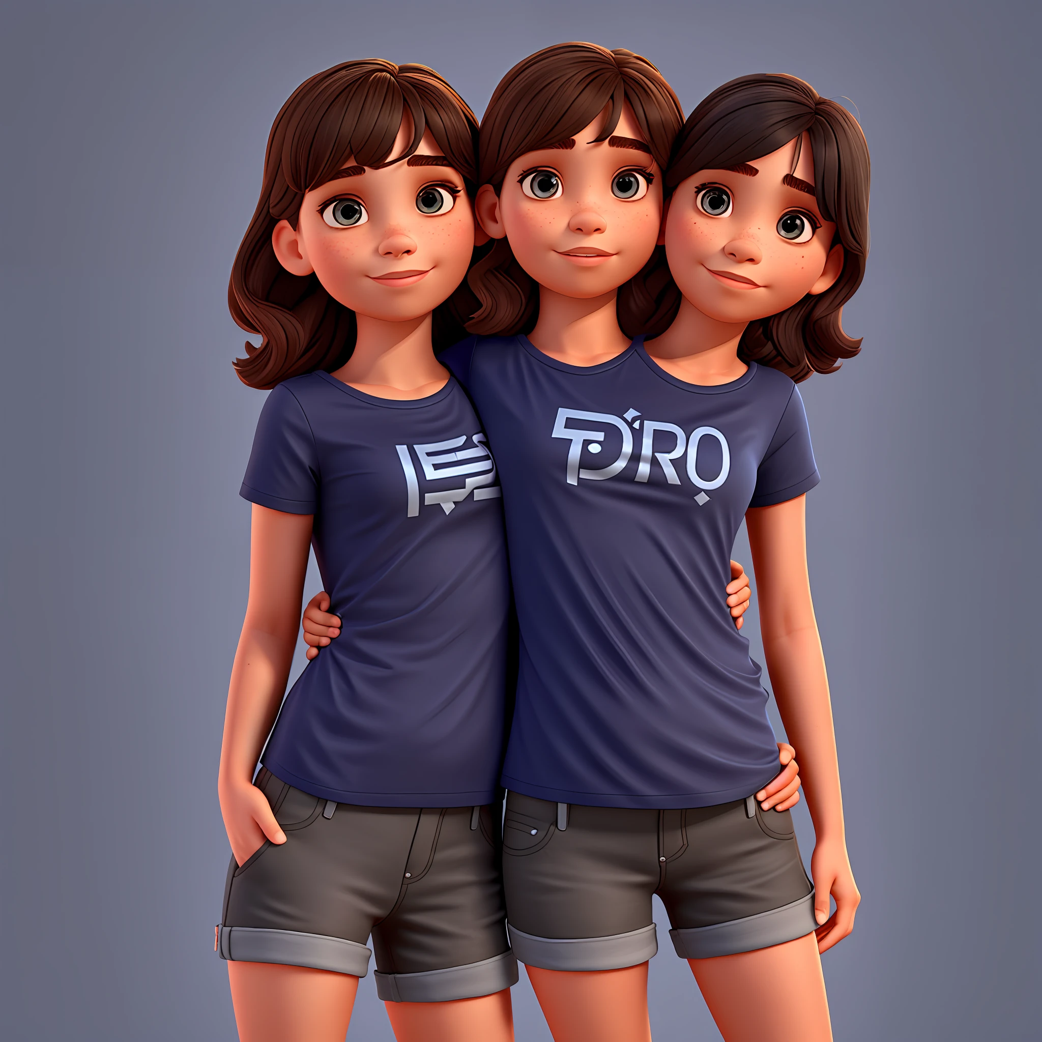 , solo, two heads attached to the same body, 1girl, thicc, 1torso, different skin tones, navy blue t-shirt, black shorts