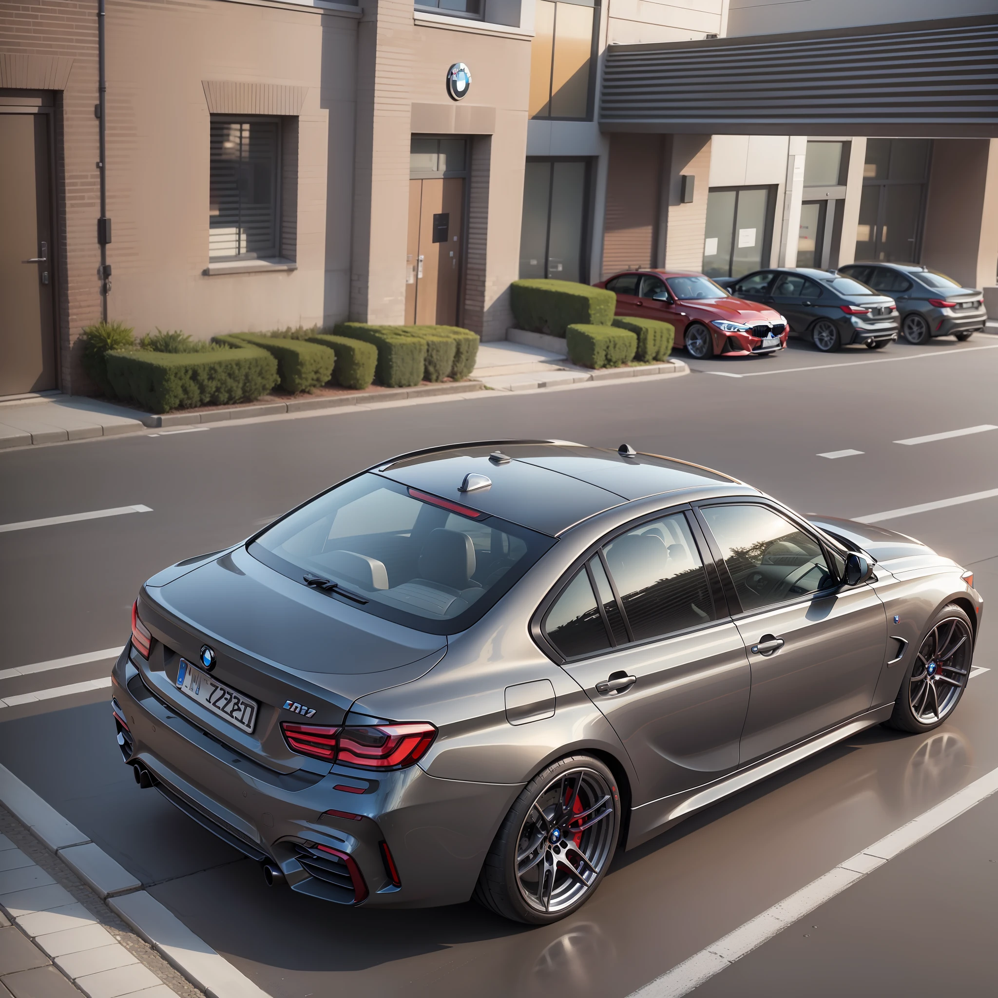 bmw 320i with M3 kit in red color best quality, ultra high res, (photorealistic: 1.2), with silver bbs wheels and air suspension, with sunroof and high quality coating, in a busy city, overnight in Google Photorealism