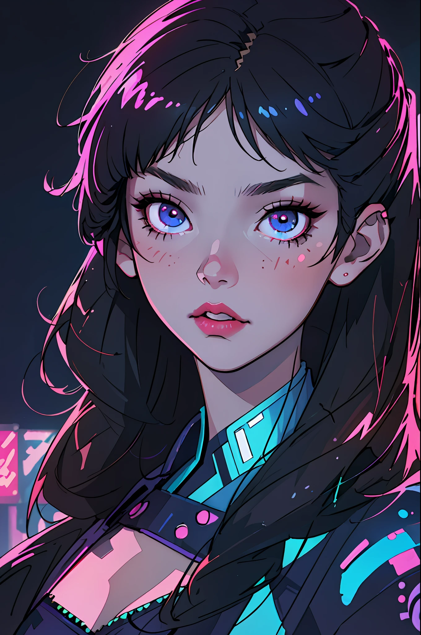 (best quality, masterpiece1.2), (detailed eye:1.2), complex detail, depth of field, 1girl, city, cyberpunk, neon, neon lights, night, moon,